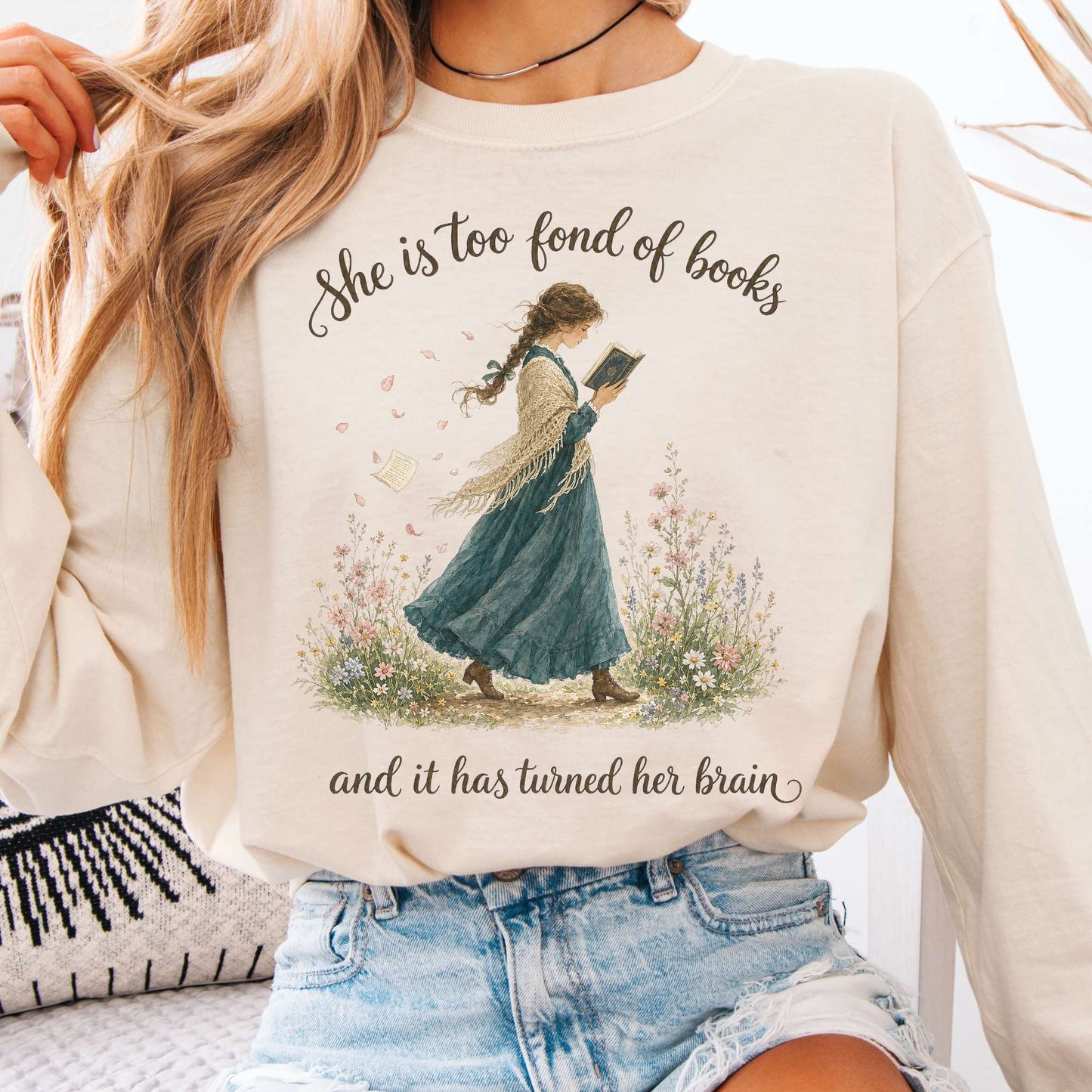 Long-sleeve Ivory / S She Is Too Fond of Books Louisa May Alcott Literary Long Sleeve The Mystic Eden