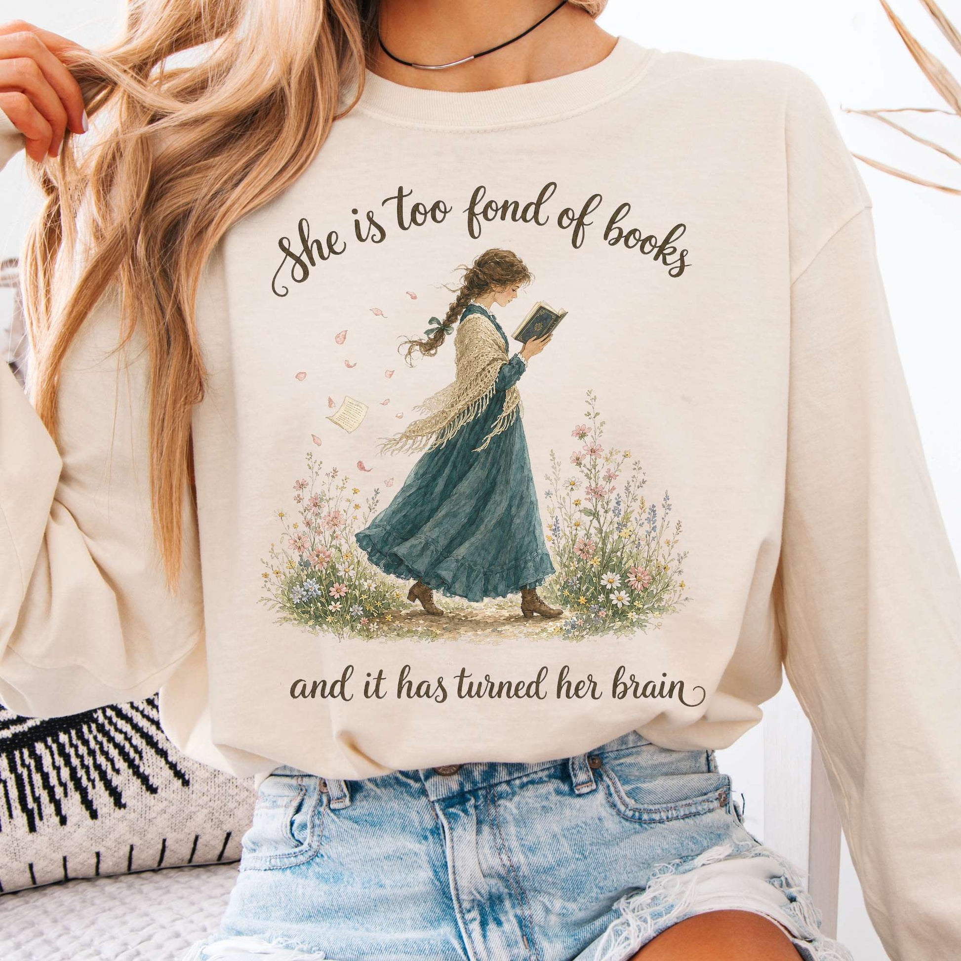 Long-sleeve Ivory / S She Is Too Fond of Books Louisa May Alcott Literary Long Sleeve The Mystic Eden
