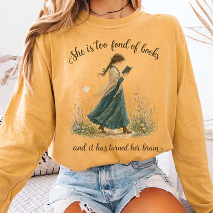 Long-sleeve Mustard / S She Is Too Fond of Books Louisa May Alcott Literary Long Sleeve The Mystic Eden