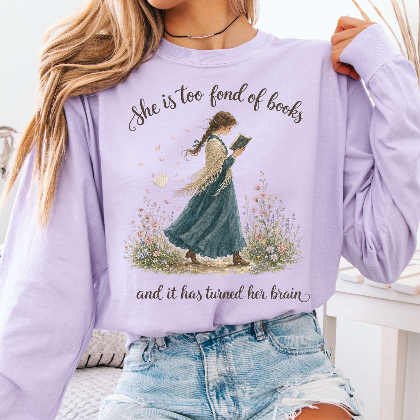 Long-sleeve Orchid / S She Is Too Fond of Books Louisa May Alcott Literary Long Sleeve The Mystic Eden