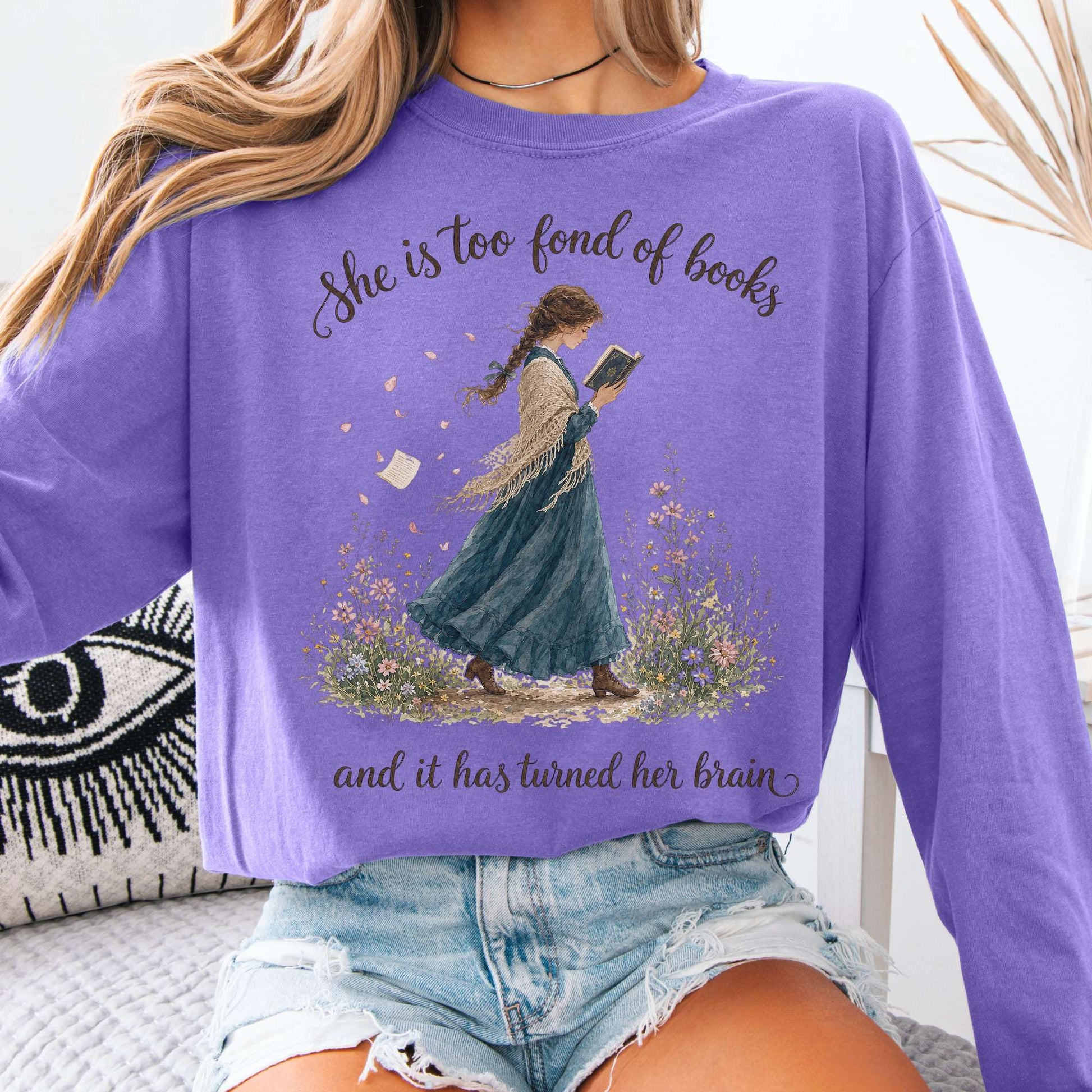 Long-sleeve Violet / S She Is Too Fond of Books Louisa May Alcott Literary Long Sleeve The Mystic Eden