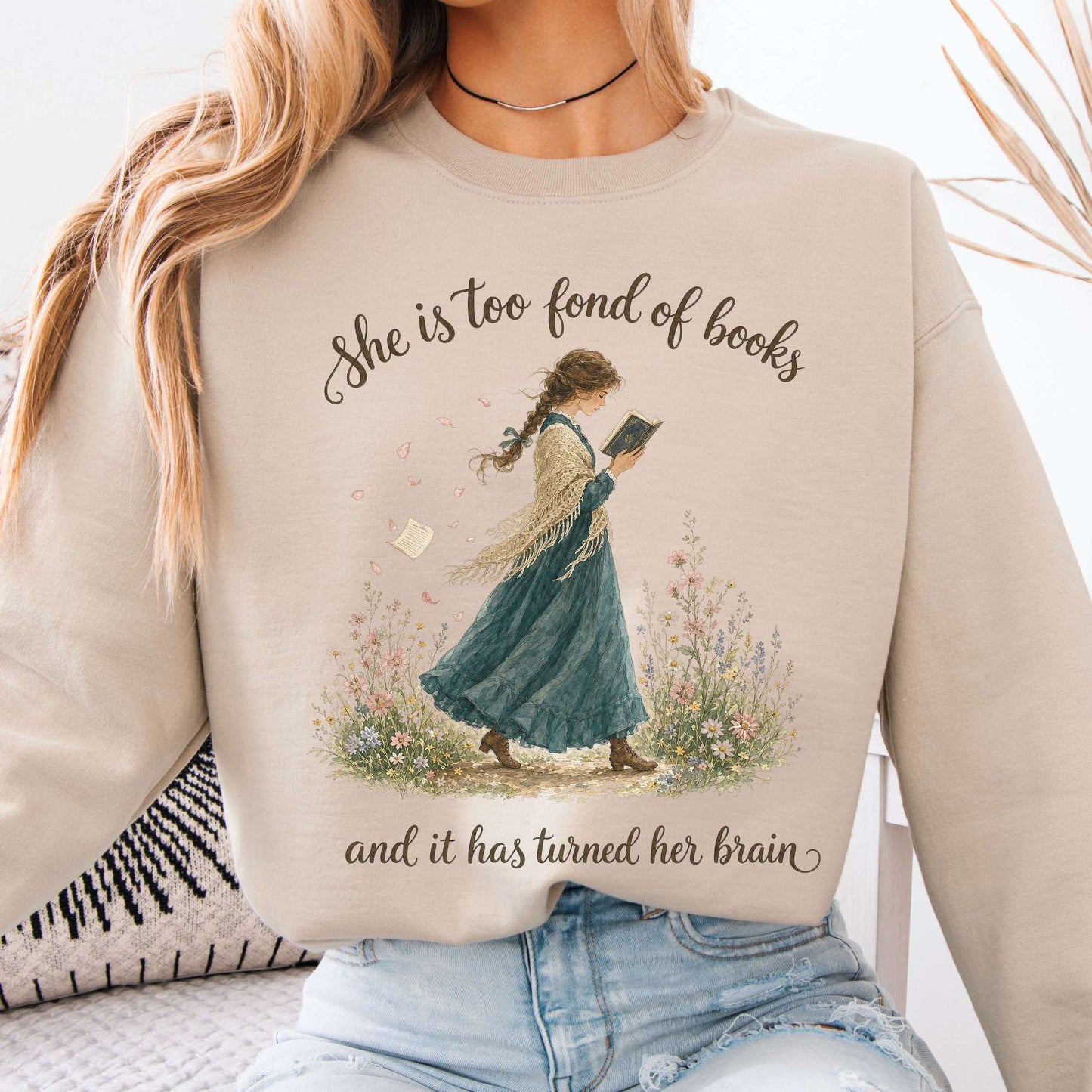 Sweatshirt Sand / S She Is Too Fond of Books Louisa May Alcott Literary Crewneck Sweatshirt The Mystic Eden