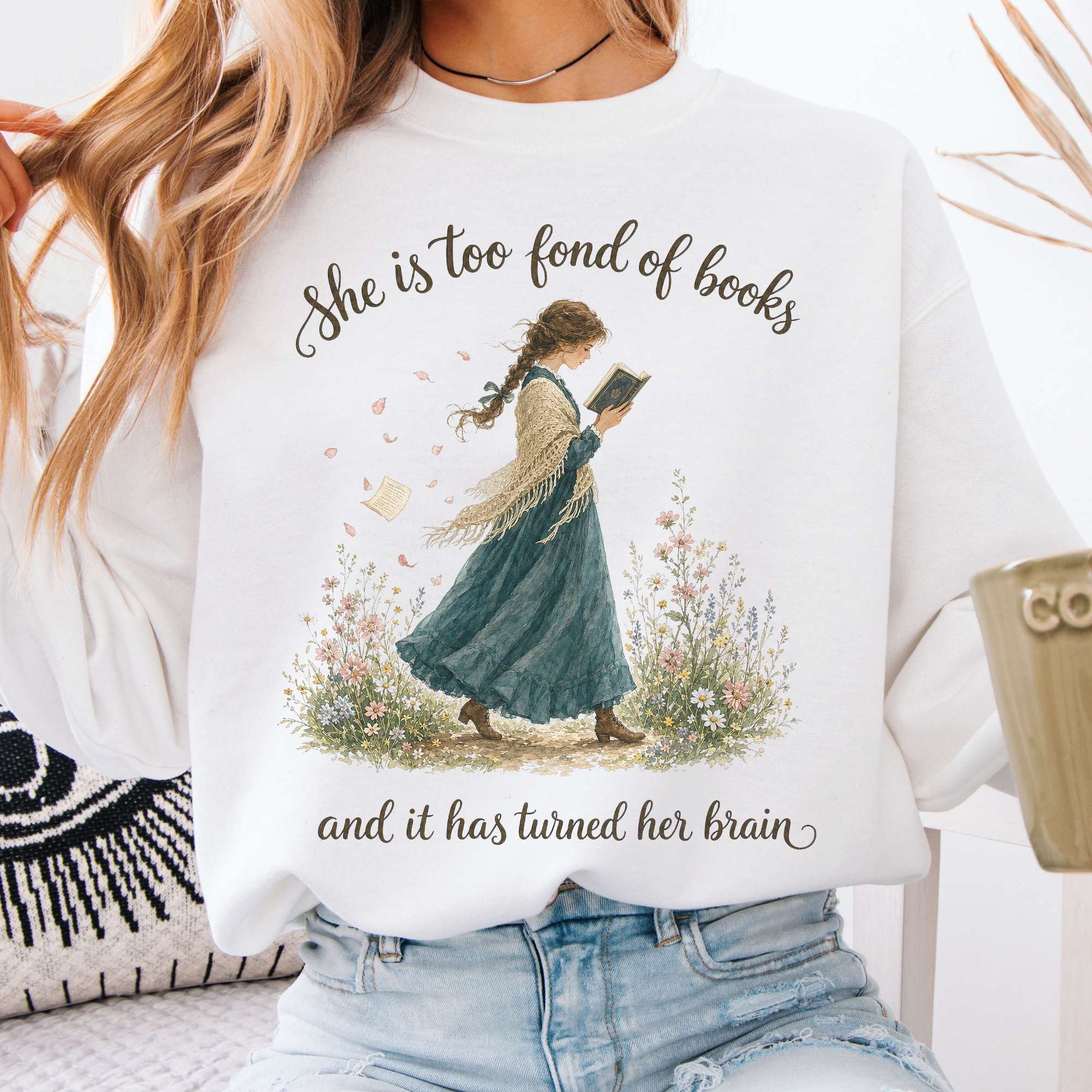 Sweatshirt White / S She Is Too Fond of Books Louisa May Alcott Literary Crewneck Sweatshirt The Mystic Eden