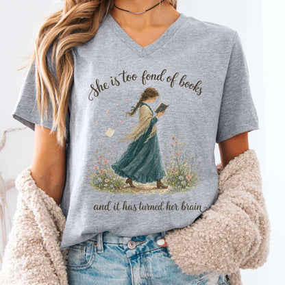 V-neck Athletic Heather / S She Is Too Fond of Books Louisa May Alcott Literary V-Neck The Mystic Eden
