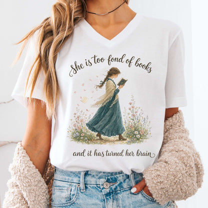 V-neck White / S She Is Too Fond of Books Louisa May Alcott Literary V-Neck The Mystic Eden