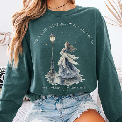Long-sleeve Blue Spruce / S We Are All In The Gutter Oscar Wilde Literary Long Sleeve The Mystic Eden