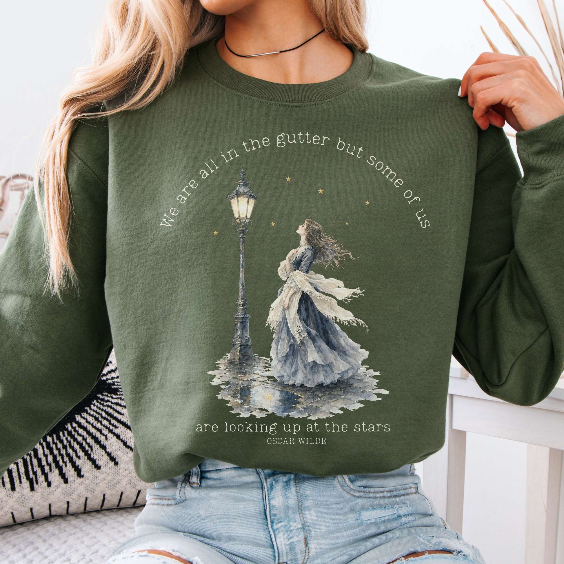 Sweatshirt Military Green / S We Are All In The Gutter Oscar Wilde Literary Crewneck Sweatshirt The Mystic Eden