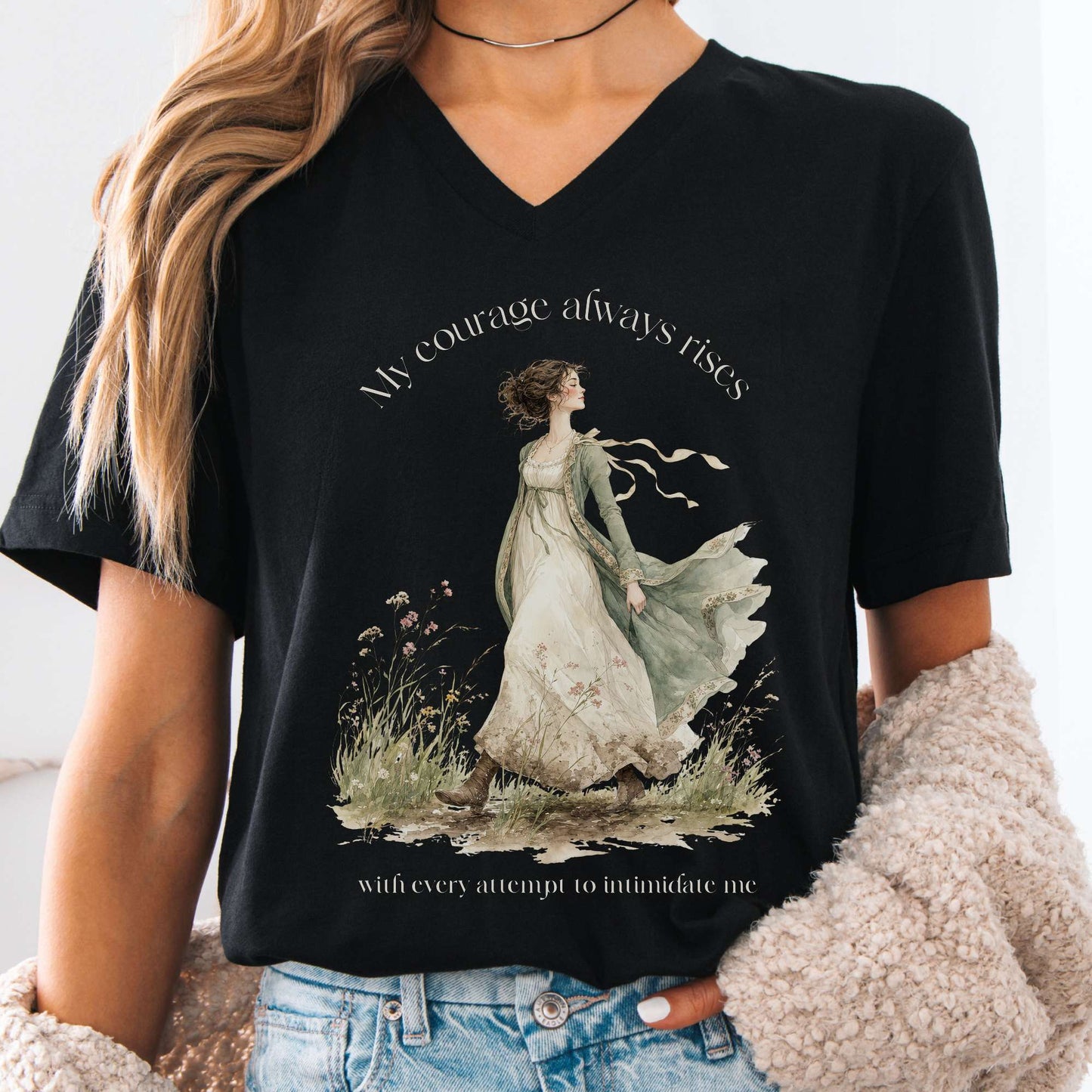V-neck Black / S My Courage Always Rises Jane Austen Literary V-Neck The Mystic Eden
