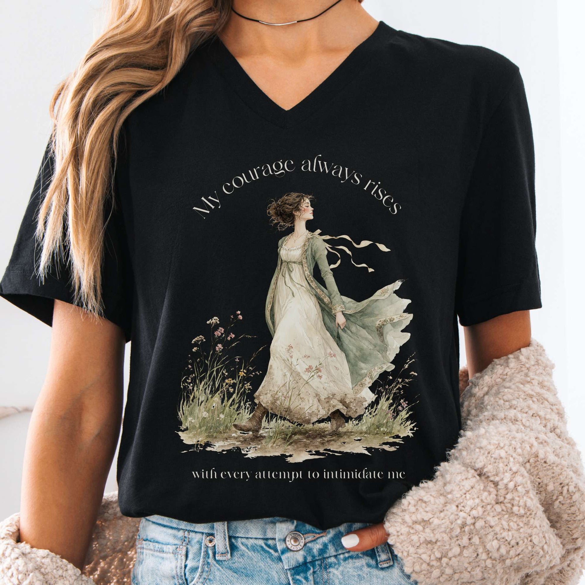 V-neck Black / S My Courage Always Rises Jane Austen Literary V-Neck The Mystic Eden