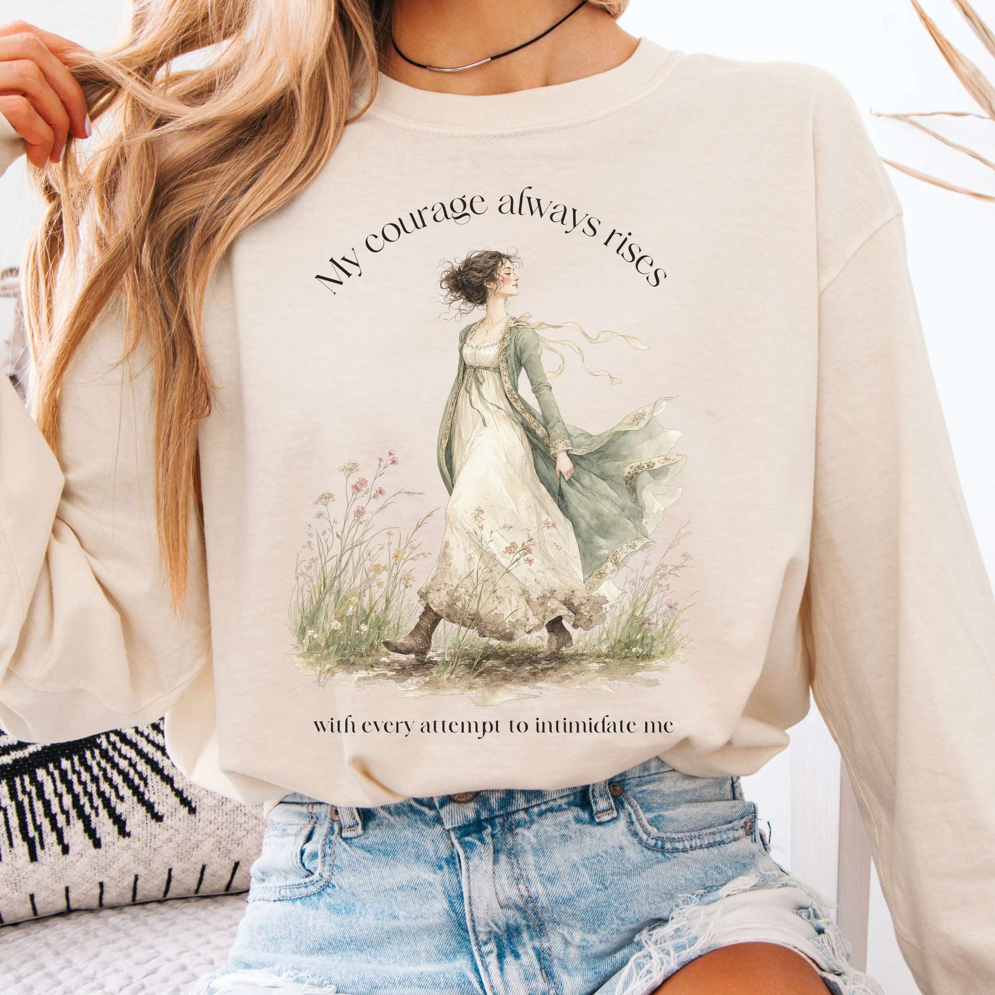 Long-sleeve Ivory / S My Courage Always Rises Jane Austen Literary Long Sleeve The Mystic Eden