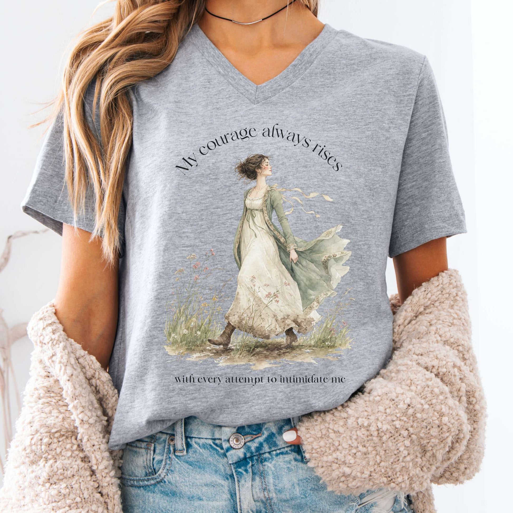V-neck Athletic Heather / S My Courage Always Rises Jane Austen Literary V-Neck The Mystic Eden