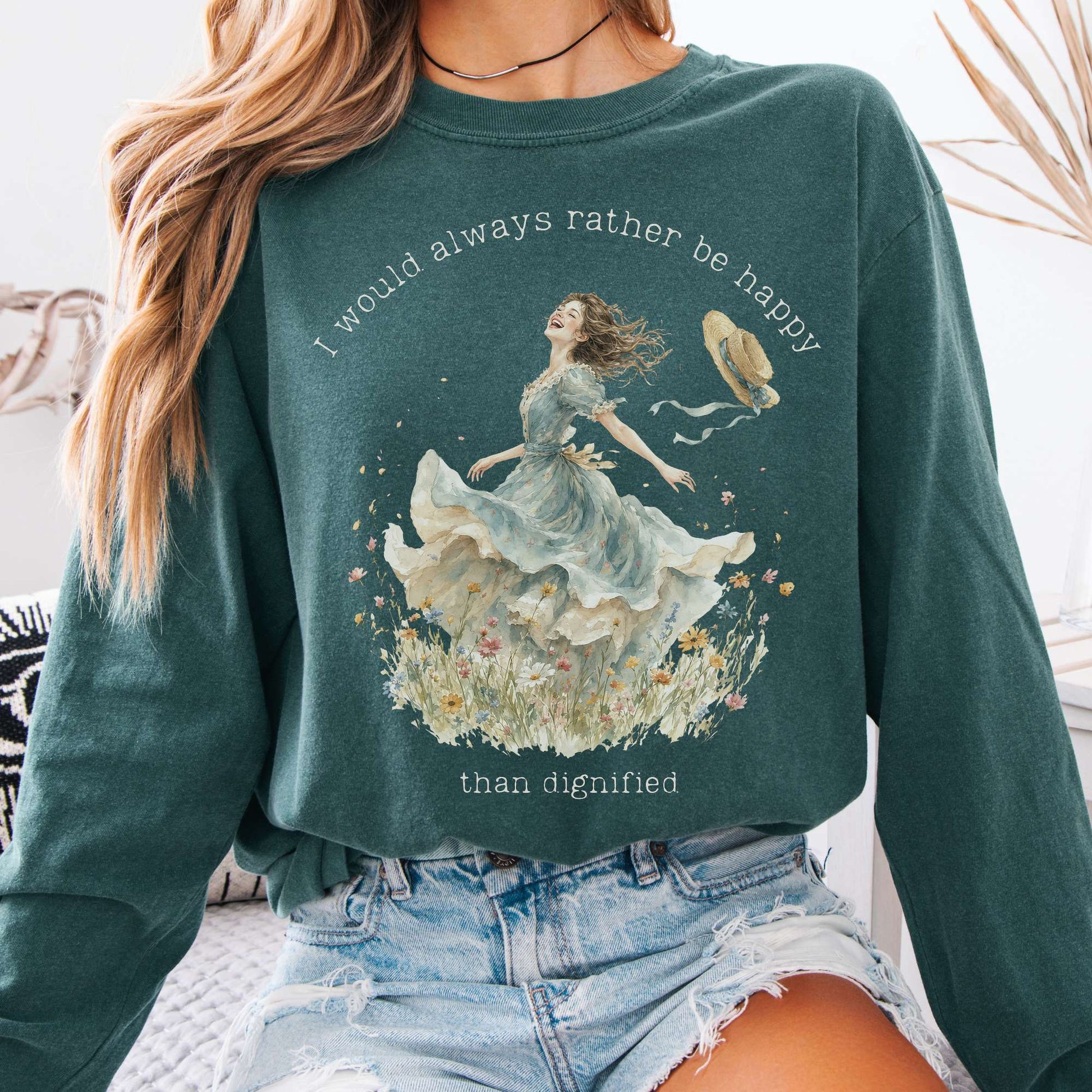 Long-sleeve Blue Spruce / S I Would Always Rather Be Happy Charlotte Brontë Literary Long Sleeve The Mystic Eden