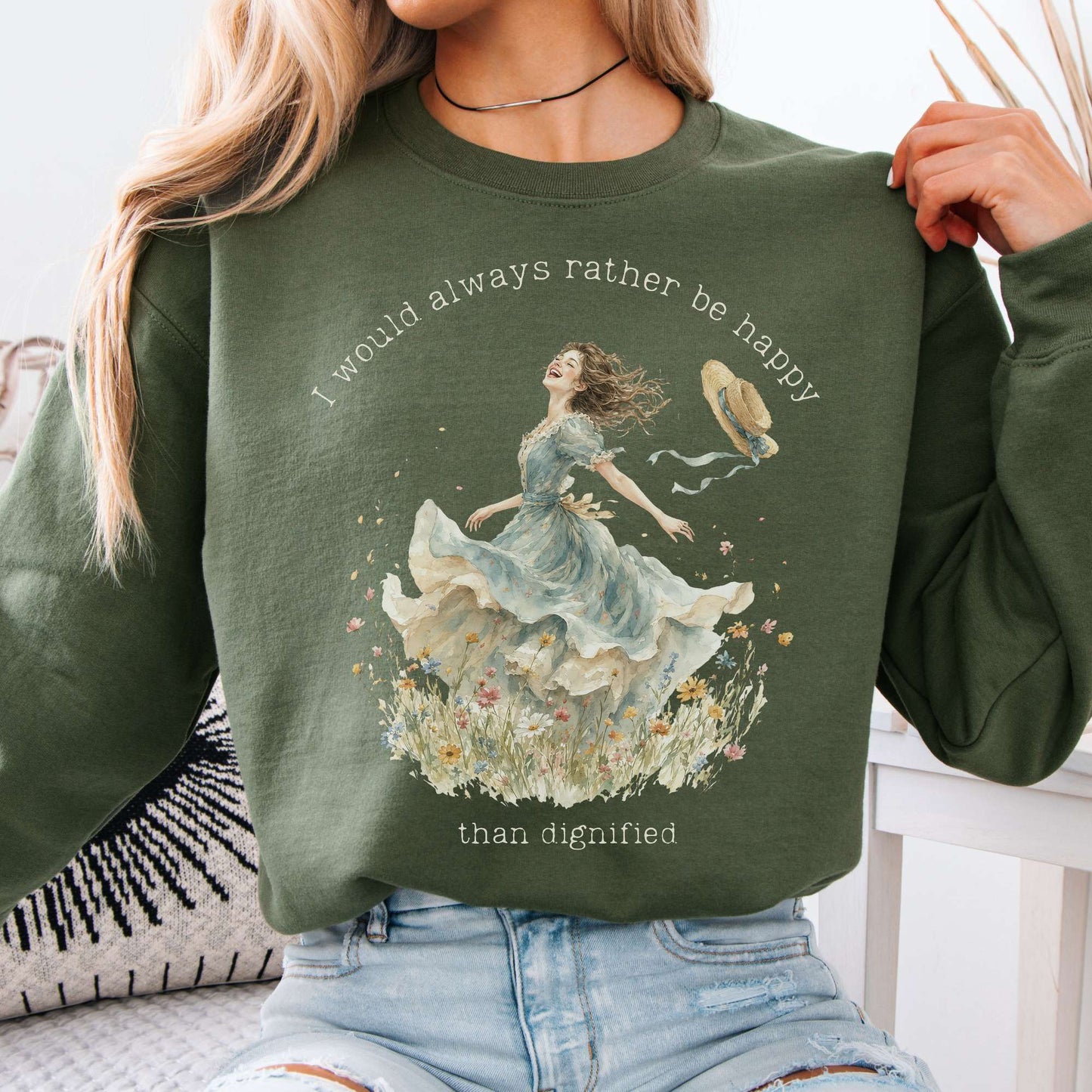 Sweatshirt Military Green / S I Would Always Rather Be Happy Charlotte Brontë Literary Crewneck Sweatshirt The Mystic Eden