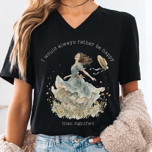 V-neck Black / S I Would Always Rather Be Happy Charlotte Brontë Literary V-Neck The Mystic Eden
