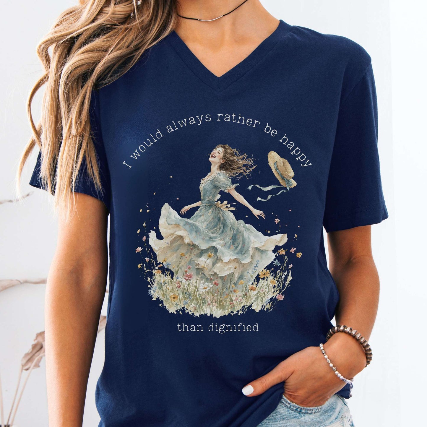 V-neck Navy / S I Would Always Rather Be Happy Charlotte Brontë Literary V-Neck The Mystic Eden