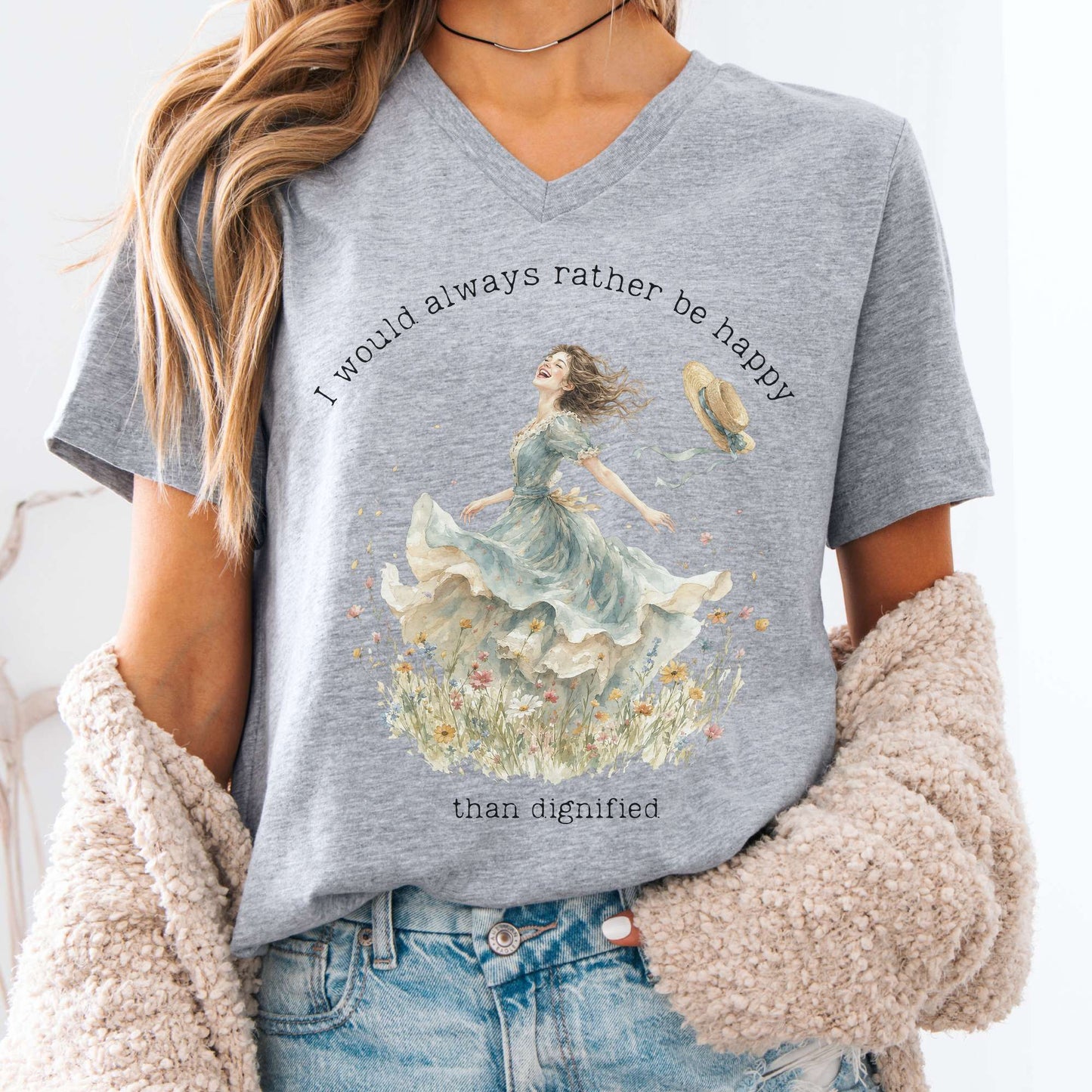 V-neck Athletic Heather / S I Would Always Rather Be Happy Charlotte Brontë Literary V-Neck The Mystic Eden