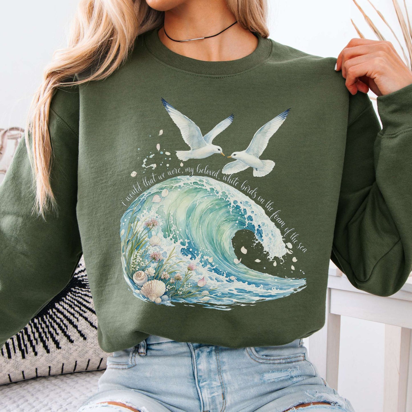 Sweatshirt Military Green / S I Would That We Were White Birds W.B. Yeats Literary Crewneck Sweatshirt The Mystic Eden