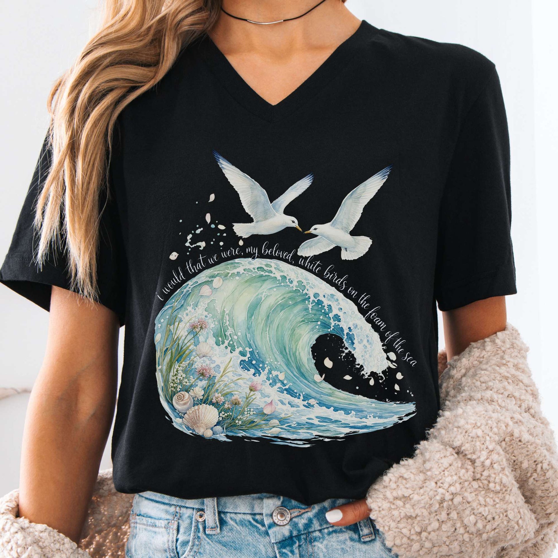 V-neck Black / S I Would That We Were White Birds W.B. Yeats Literary V-Neck The Mystic Eden