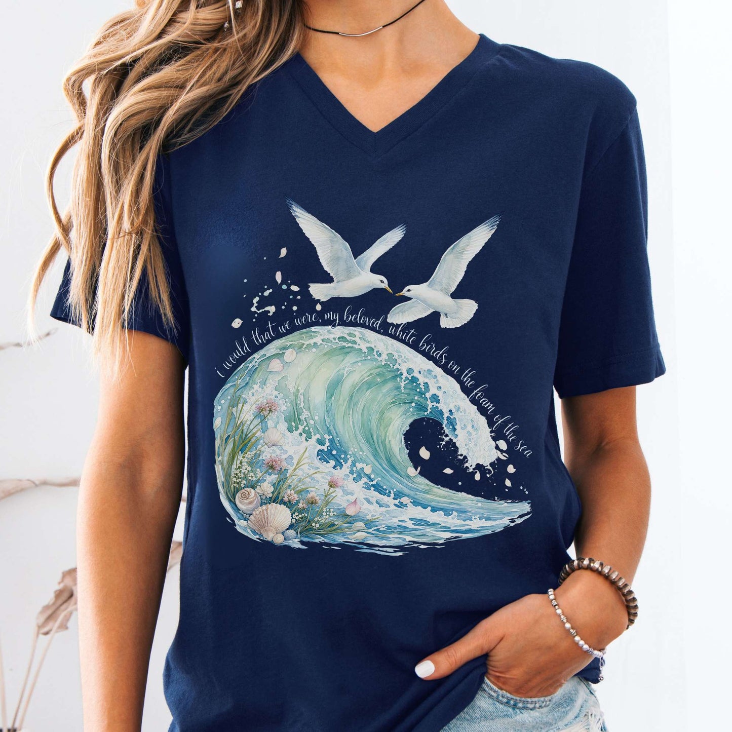 V-neck Navy / S I Would That We Were White Birds W.B. Yeats Literary V-Neck The Mystic Eden