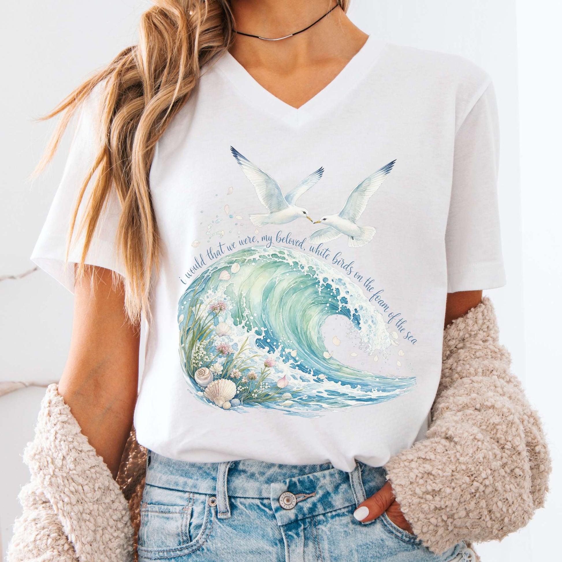 V-neck White / S I Would That We Were White Birds W.B. Yeats Literary V-Neck The Mystic Eden