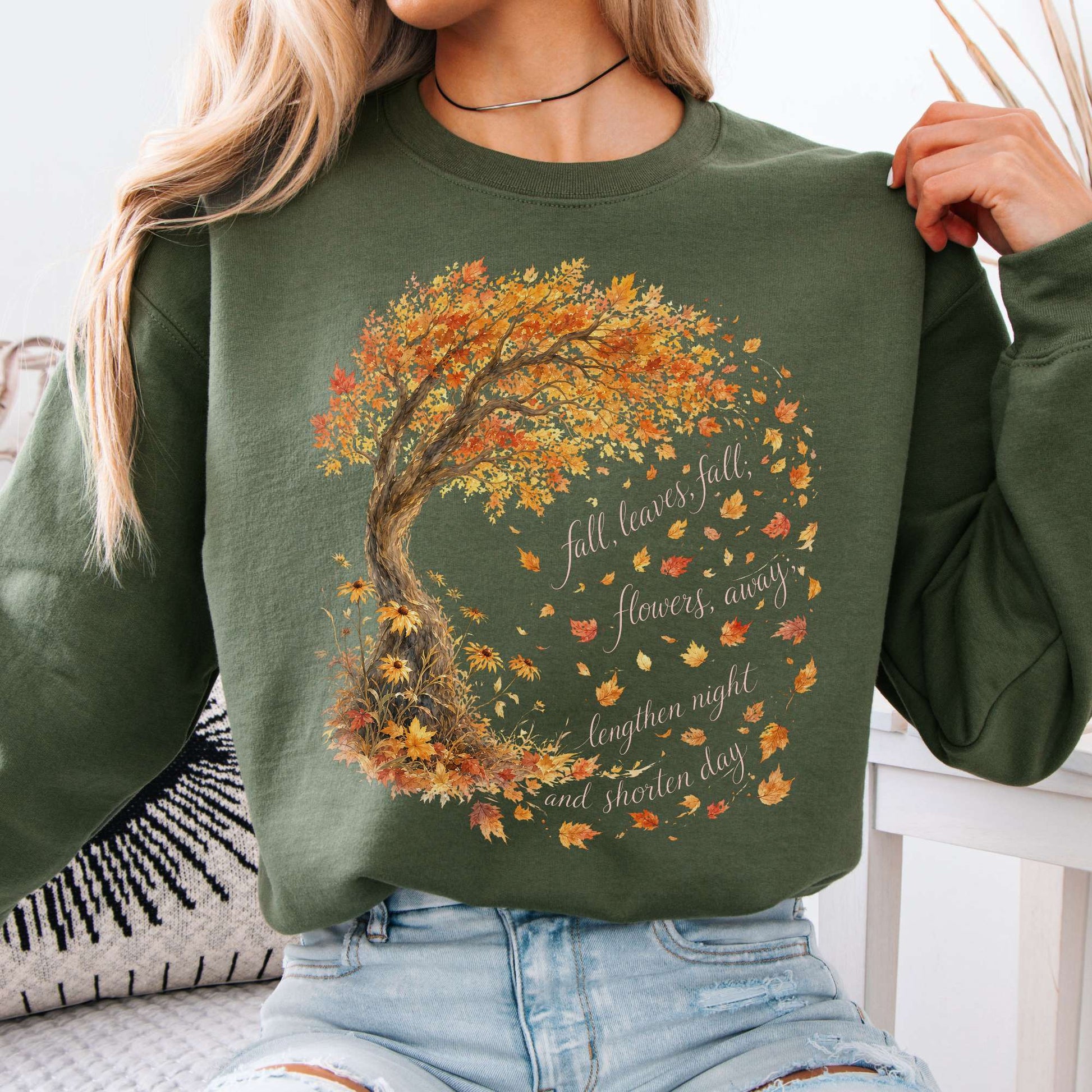 Sweatshirt Military Green / S Fall Leaves Emily Brontë Literary Crewneck Sweatshirt The Mystic Eden