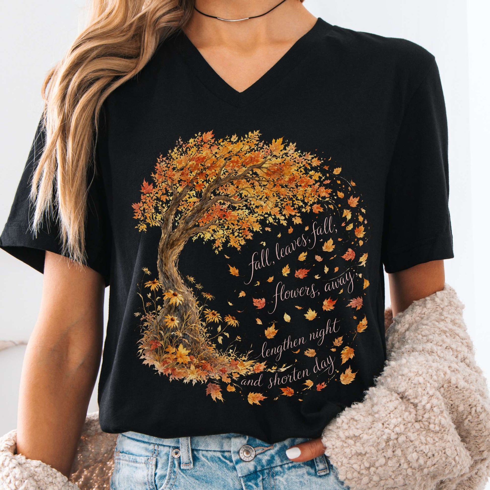 V-neck Black / S Fall Leaves Emily Brontë Literary V-Neck The Mystic Eden