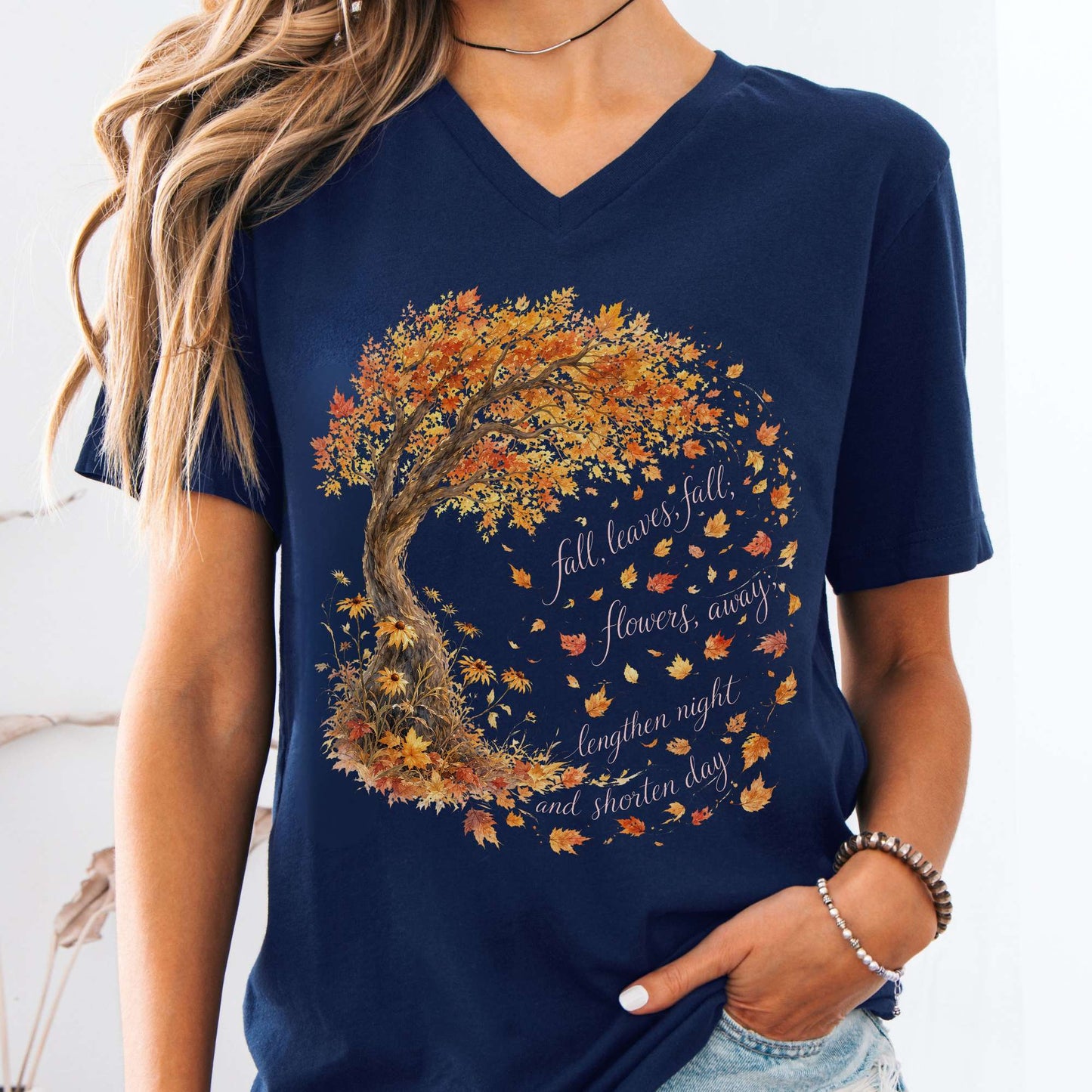 V-neck Navy / S Fall Leaves Emily Brontë Literary V-Neck The Mystic Eden