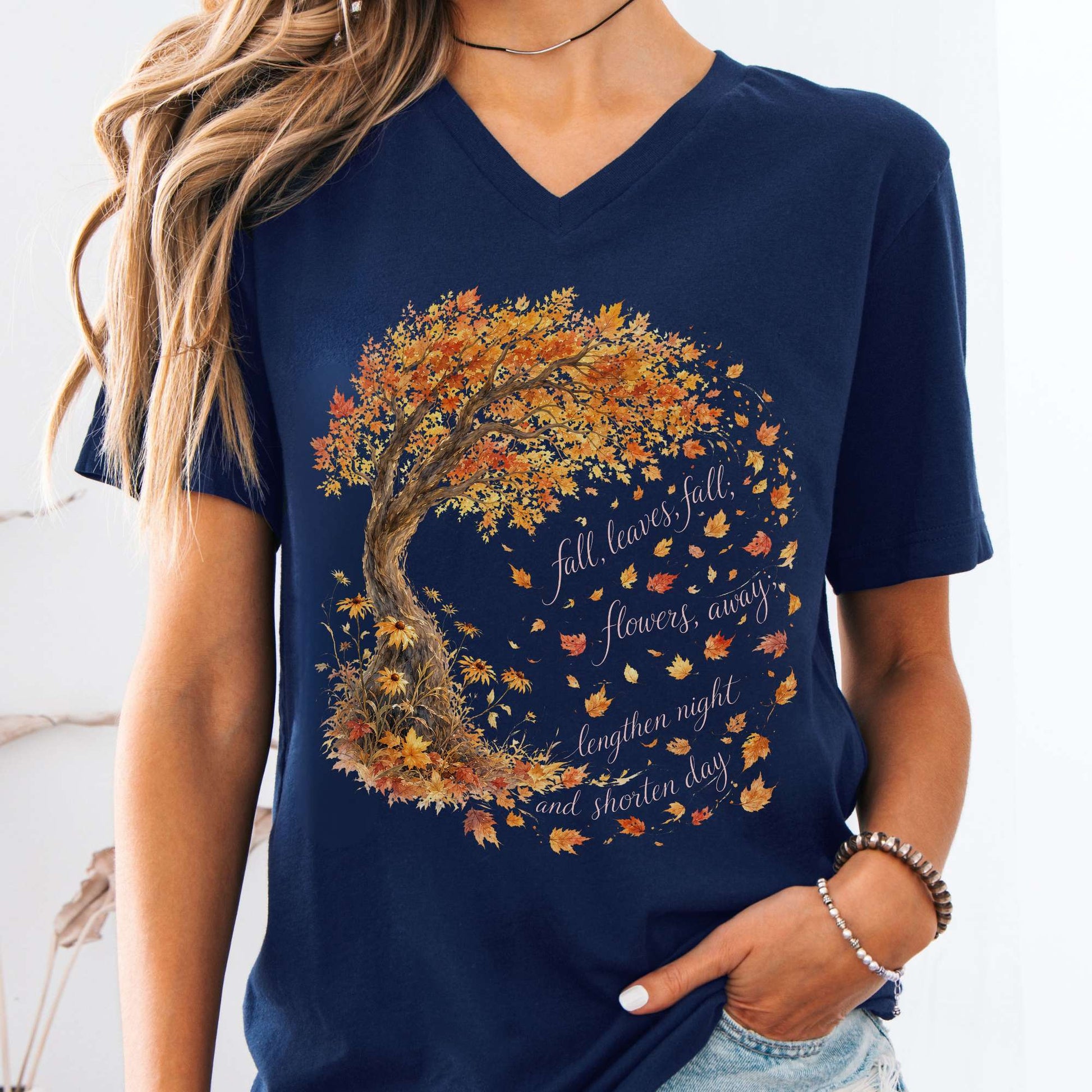 V-neck Navy / S Fall Leaves Emily Brontë Literary V-Neck The Mystic Eden