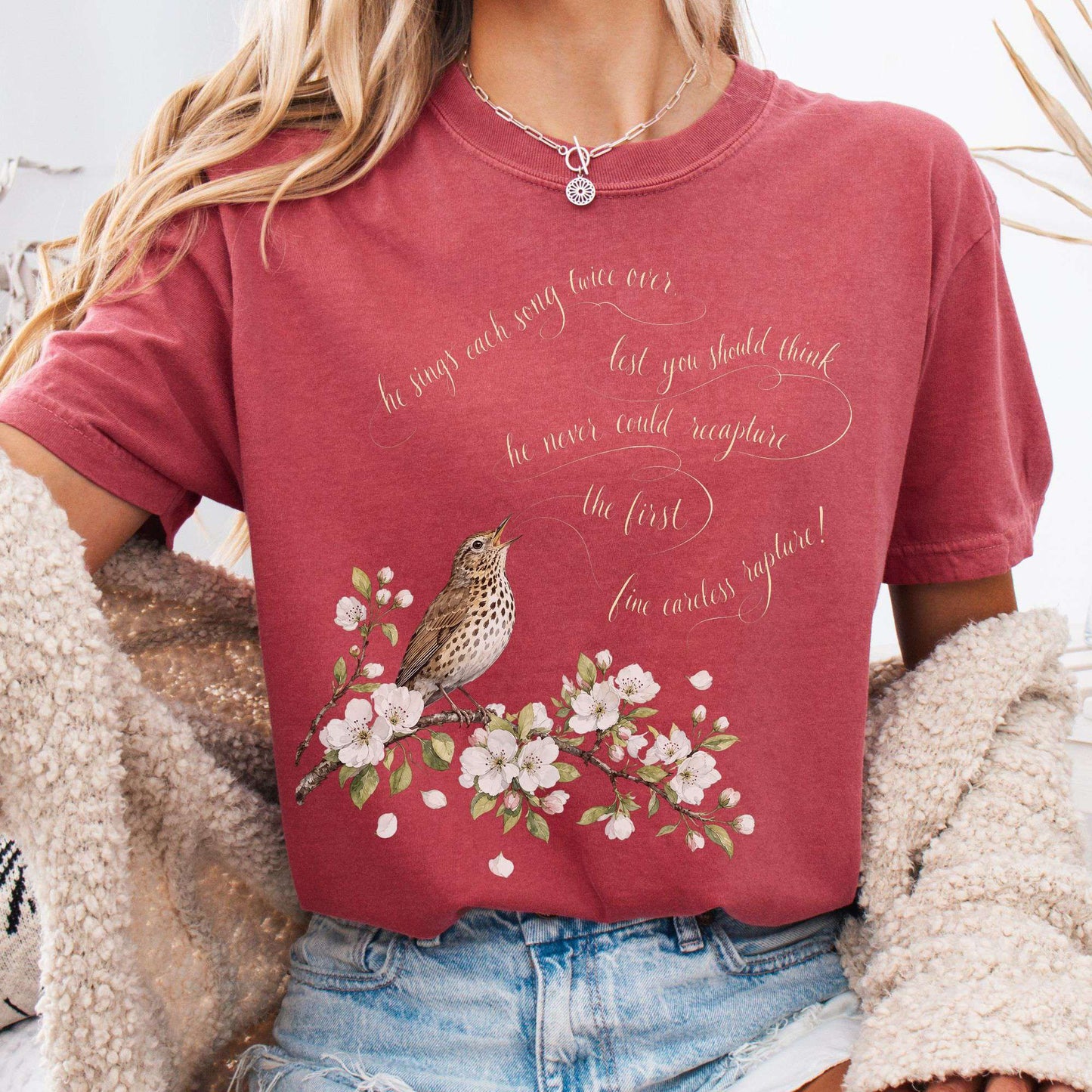 T-Shirt Crimson / S He Sings Each Song Twice Over Robert Browning Literary T-Shirt The Mystic Eden