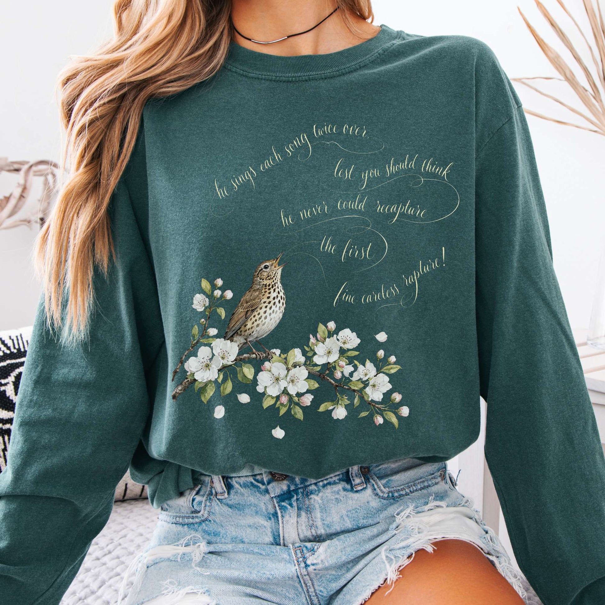 Long-sleeve Blue Spruce / S He Sings Each Song Twice Over Robert Browning Literary Long Sleeve The Mystic Eden