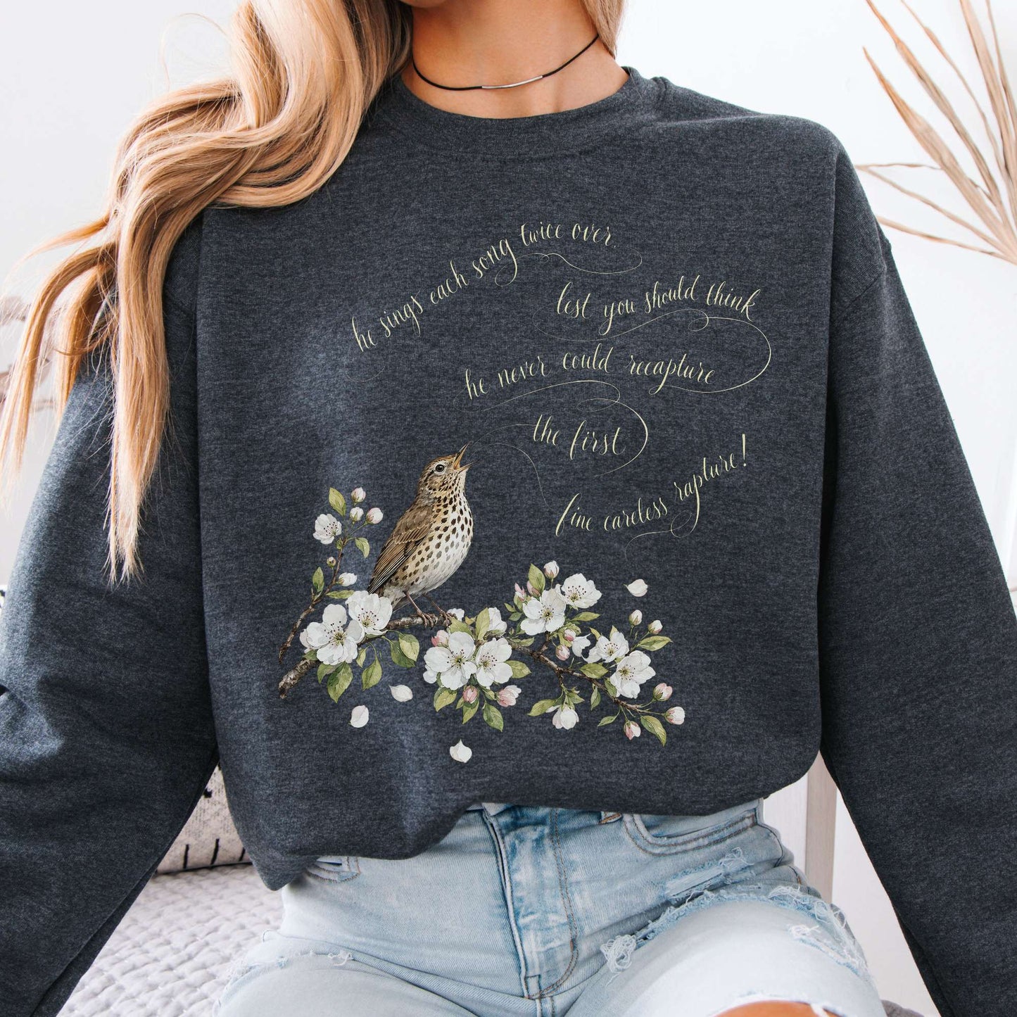 Sweatshirt Dark Heather / S He Sings Each Song Twice Over Robert Browning Literary Crewneck Sweatshirt The Mystic Eden