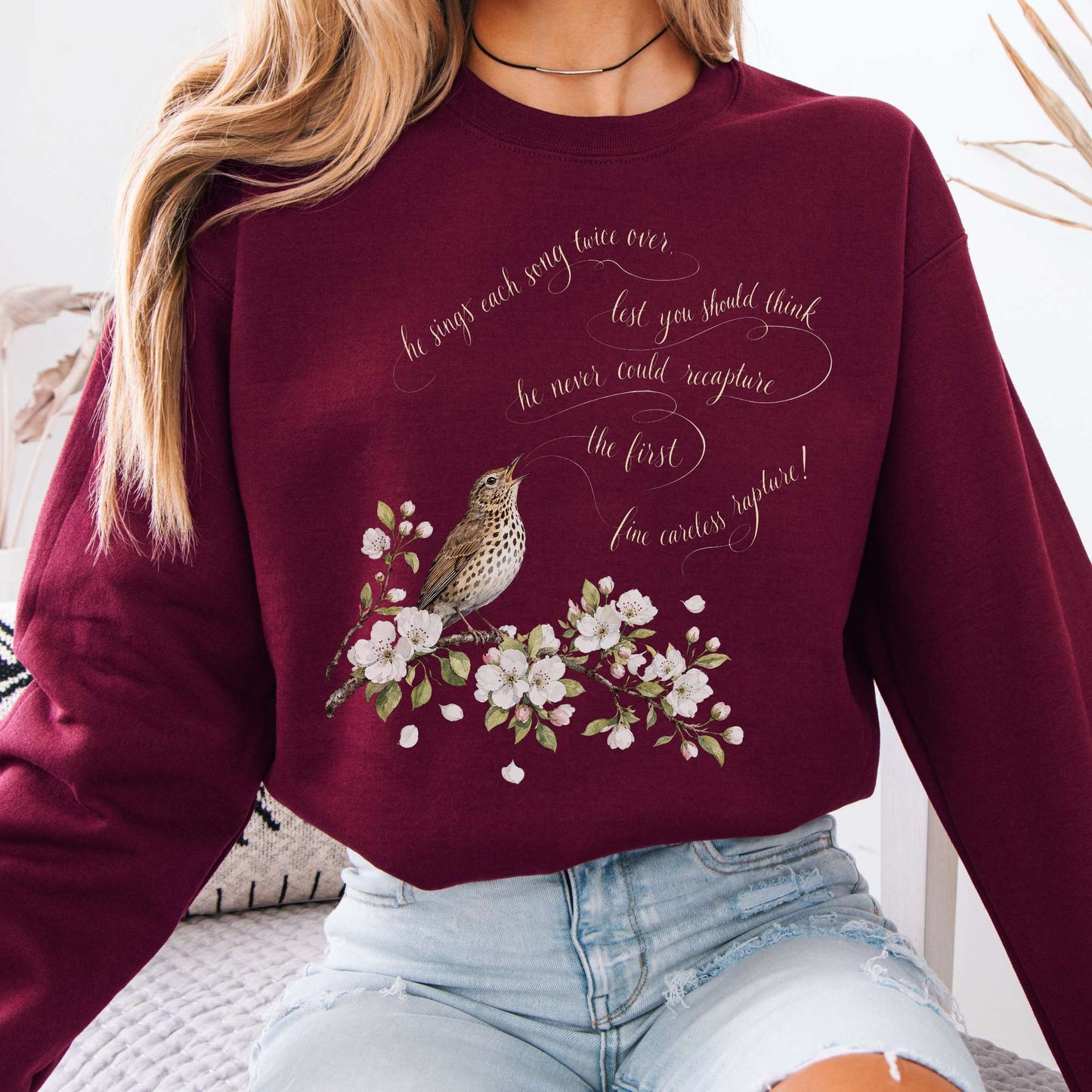 Sweatshirt Maroon / S He Sings Each Song Twice Over Robert Browning Literary Crewneck Sweatshirt The Mystic Eden