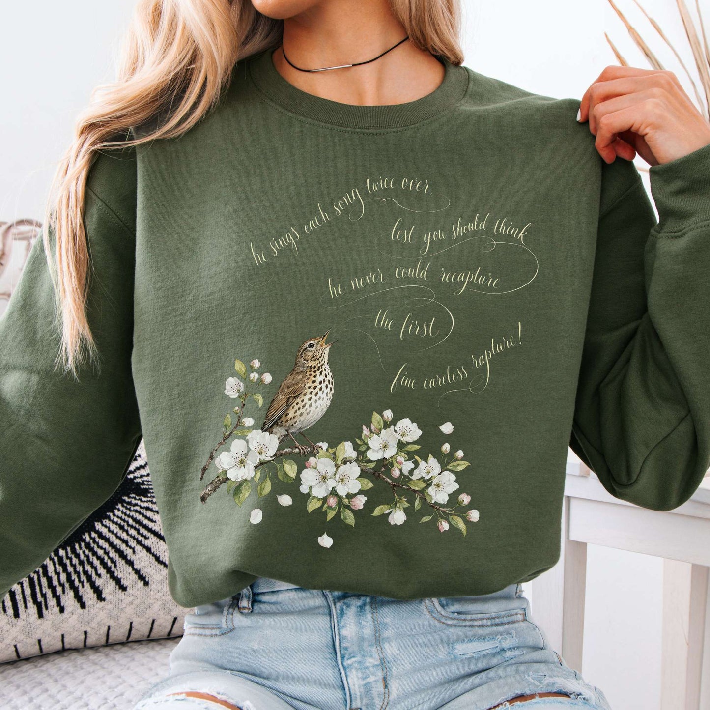 Sweatshirt Military Green / S He Sings Each Song Twice Over Robert Browning Literary Crewneck Sweatshirt The Mystic Eden