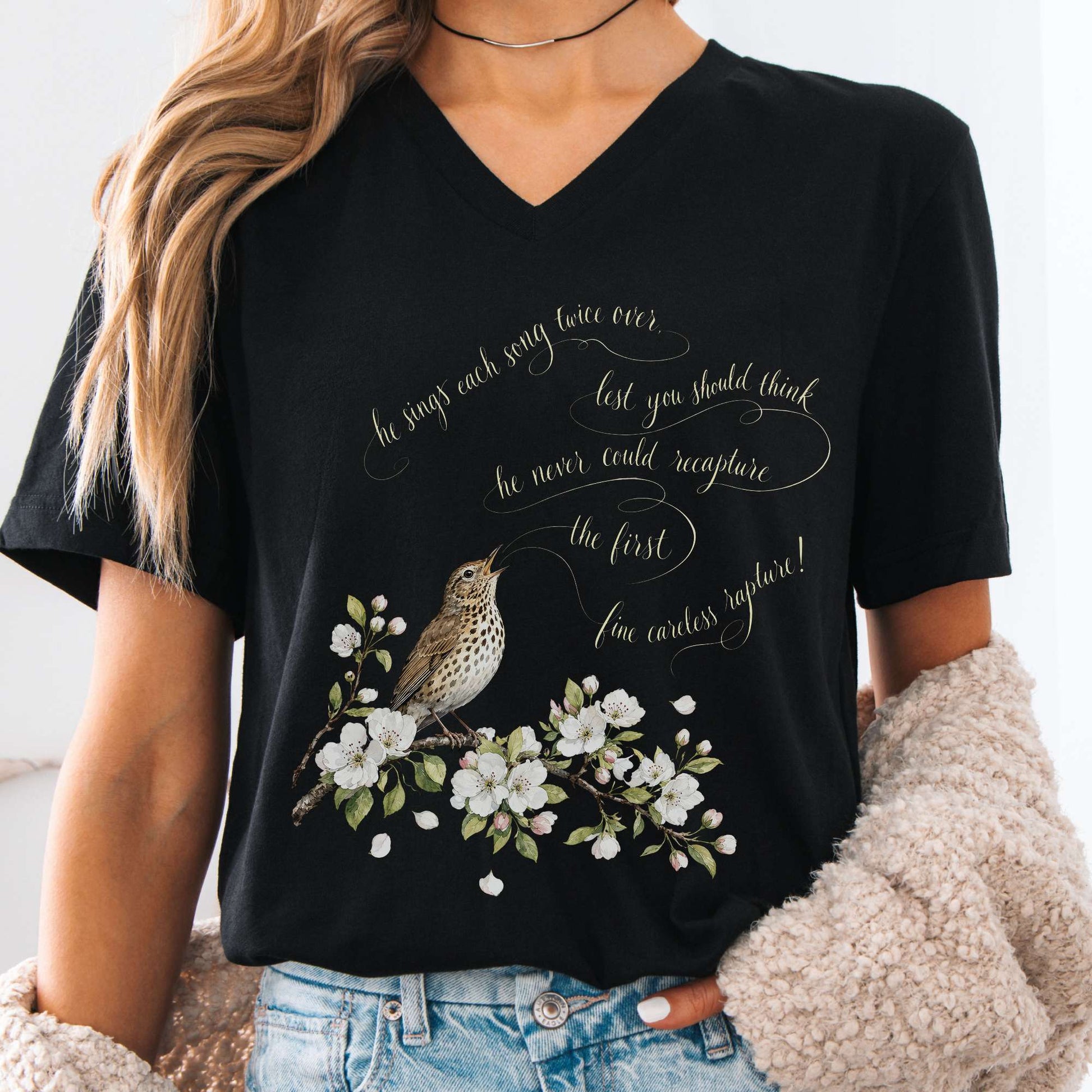 V-neck Black / S He Sings Each Song Twice Over Robert Browning Literary V-Neck The Mystic Eden