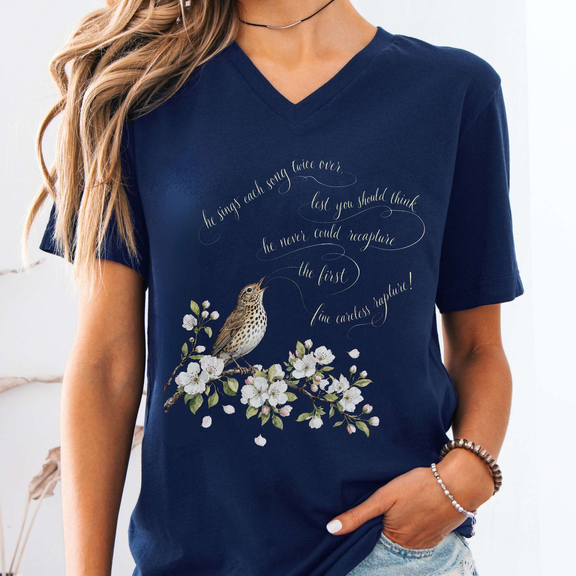 V-neck Navy / S He Sings Each Song Twice Over Robert Browning Literary V-Neck The Mystic Eden