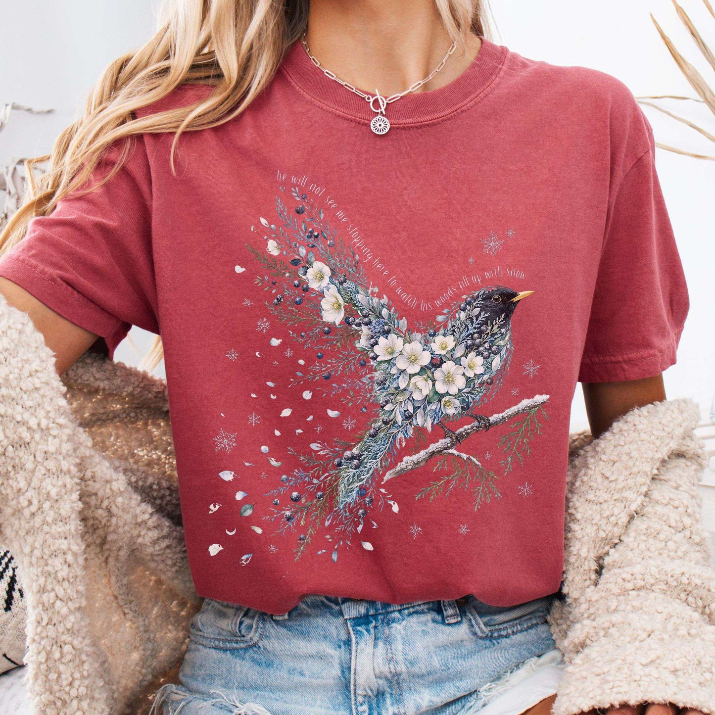 T-Shirt Crimson / S Stopping By Woods On a Snowy Evening Robert Frost Literary T-Shirt The Mystic Eden