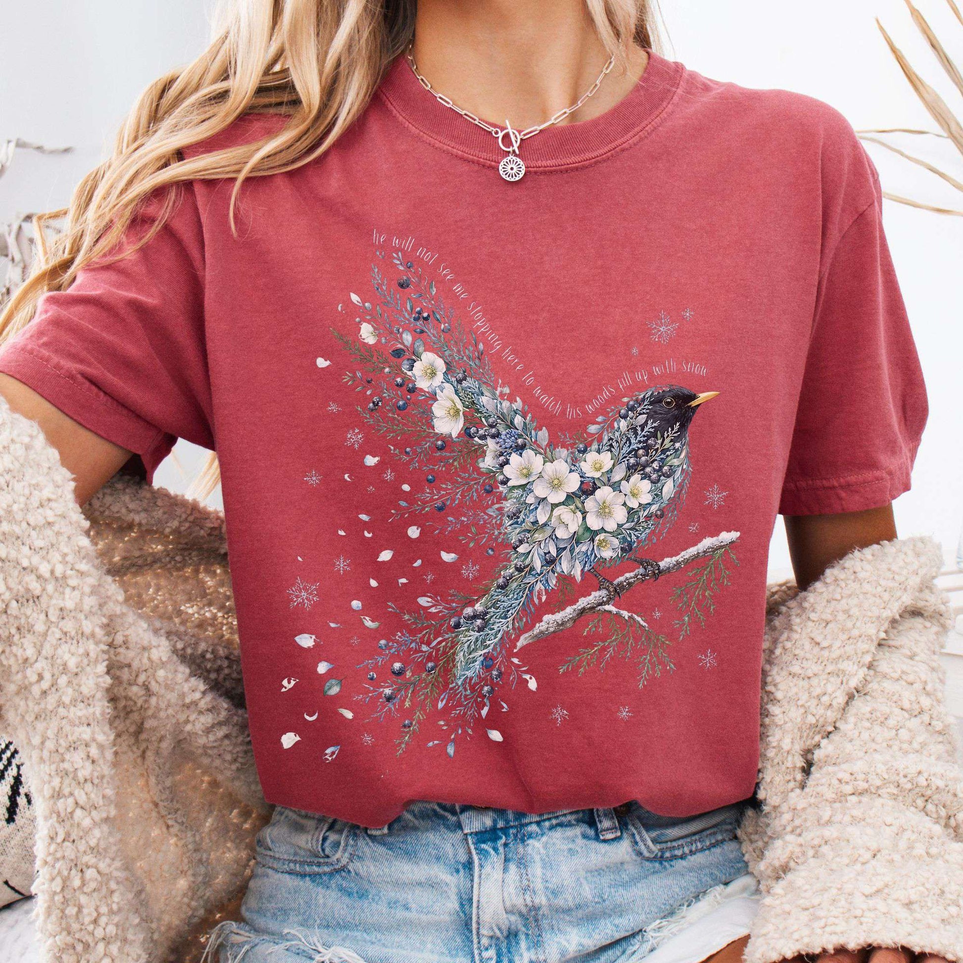 T-Shirt Crimson / S Stopping By Woods On a Snowy Evening Robert Frost Literary T-Shirt The Mystic Eden