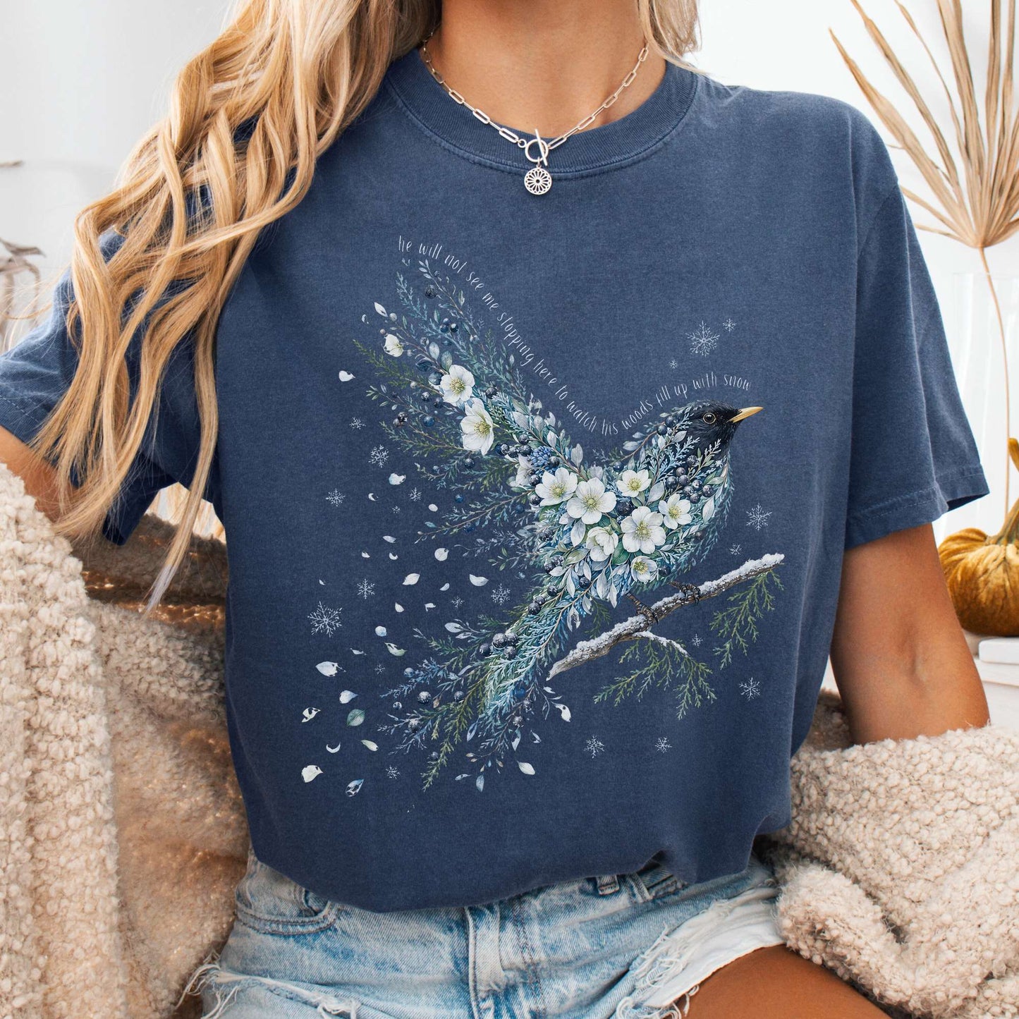 T-Shirt Denim / S Stopping By Woods On a Snowy Evening Robert Frost Literary T-Shirt The Mystic Eden