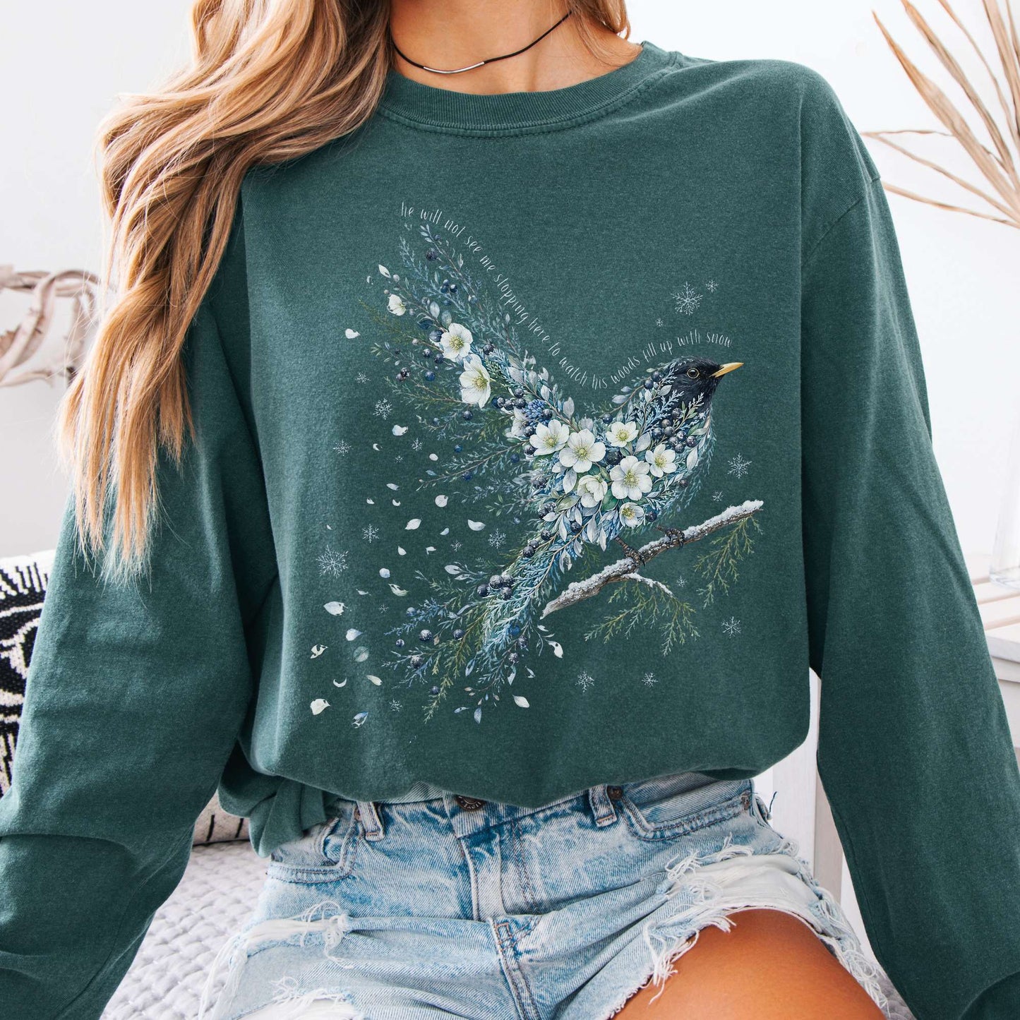Blue Spruce - Stopping By Woods On a Snowy Evening Robert Frost Literary Long Sleeve