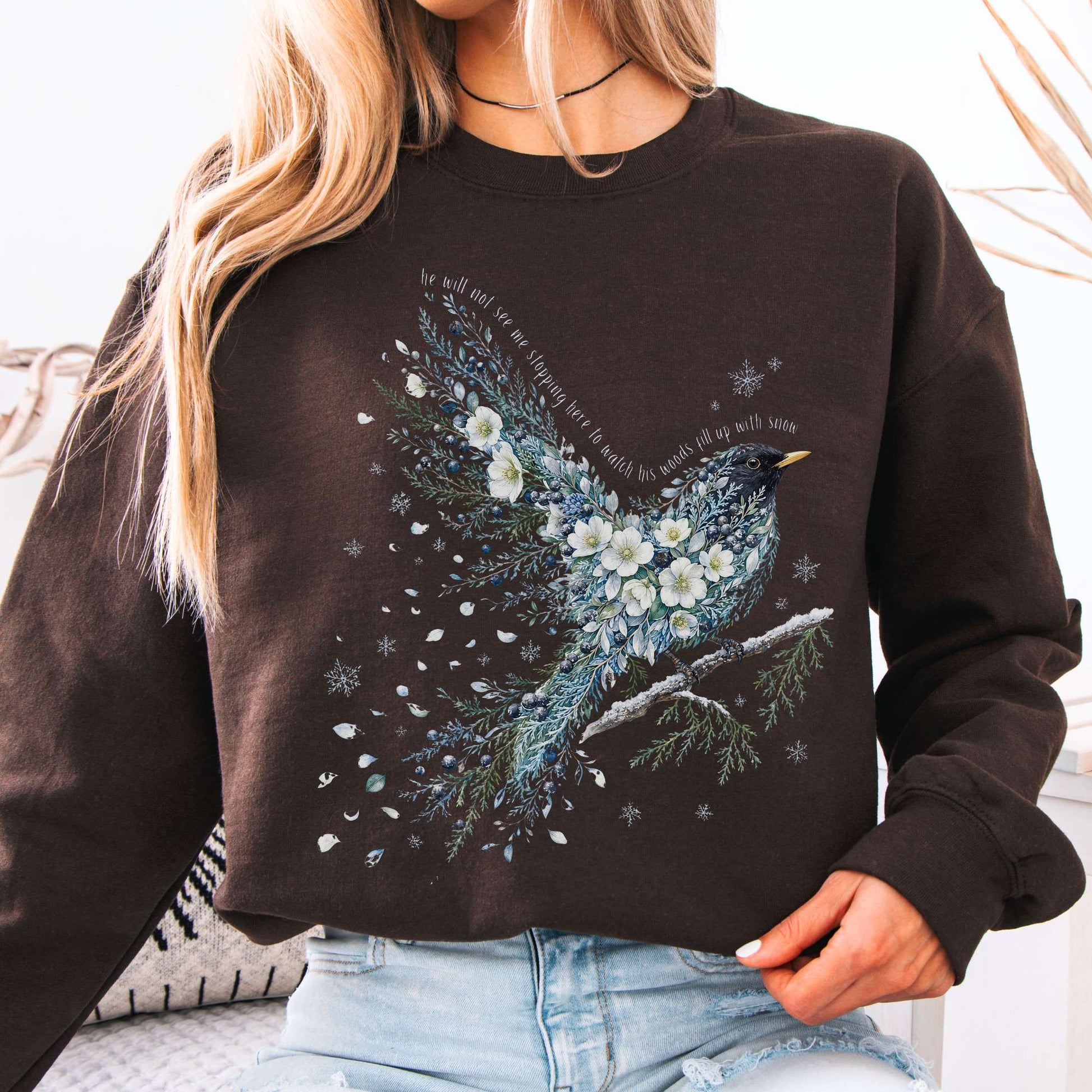 Dark Chocolate - Stopping By Woods On a Snowy Evening Robert Frost Literary Crewneck Sweatshirt