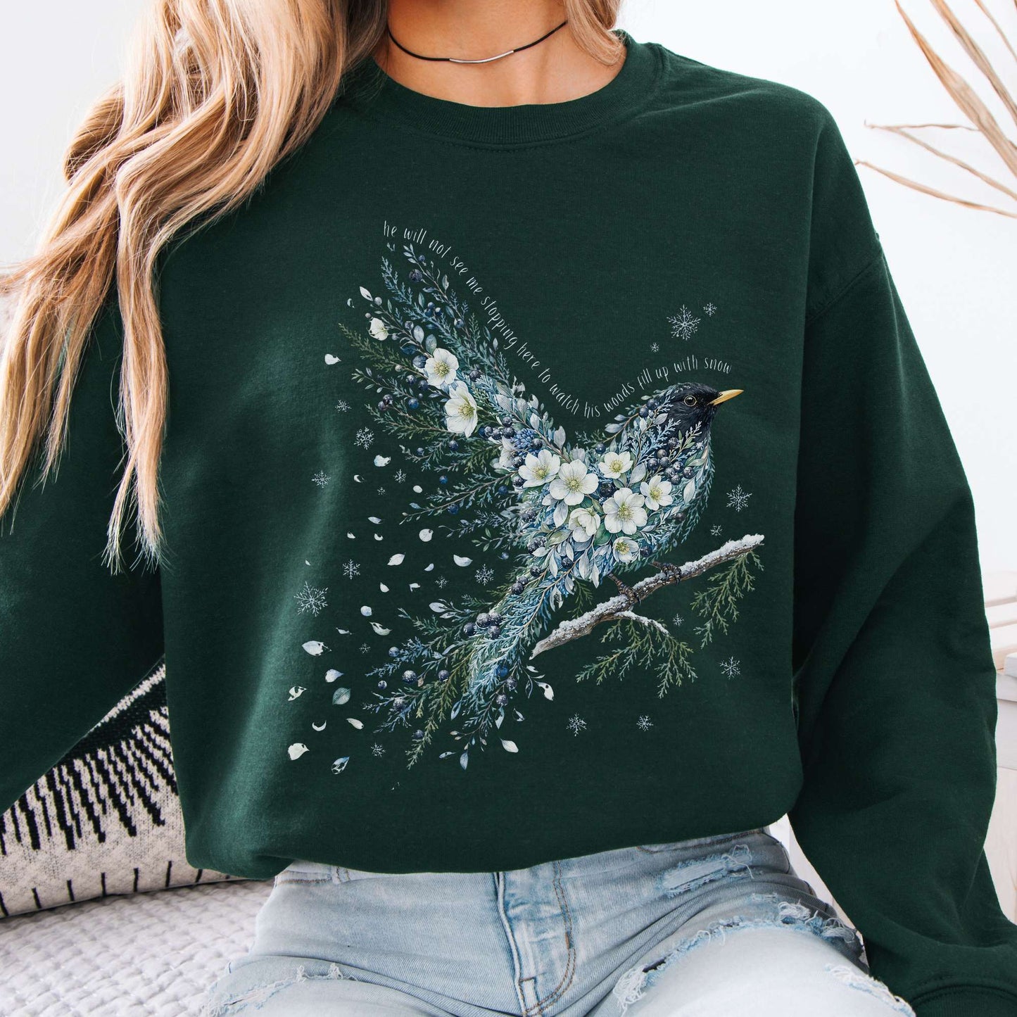 Forest Green - Stopping By Woods On a Snowy Evening Robert Frost Literary Crewneck Sweatshirt