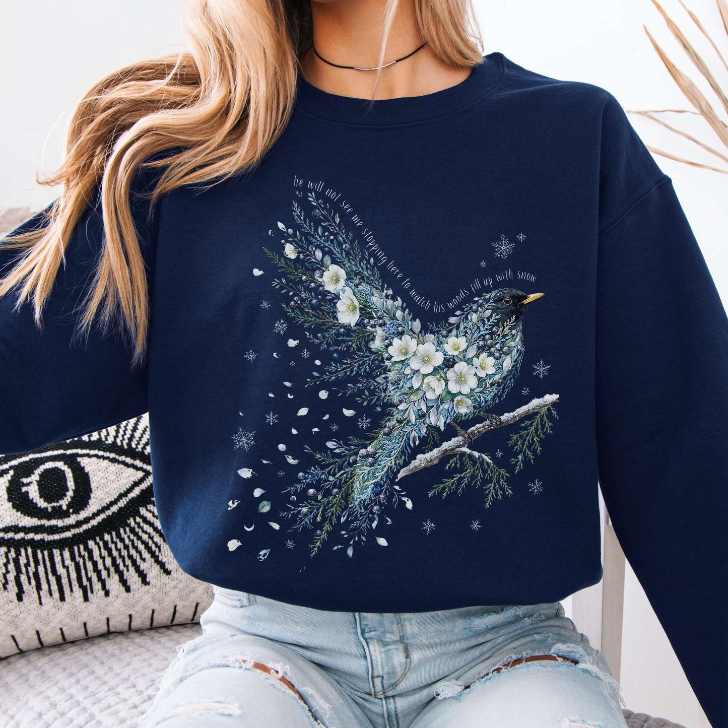 Navy - Stopping By Woods On a Snowy Evening Robert Frost Literary Crewneck Sweatshirt