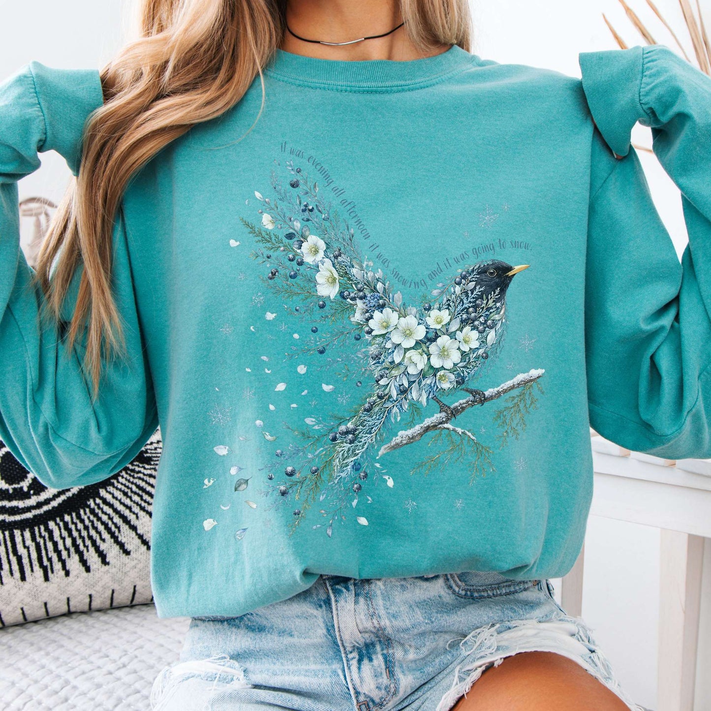 Seafoam - Stopping By Woods On a Snowy Evening Robert Frost Literary Long Sleeve