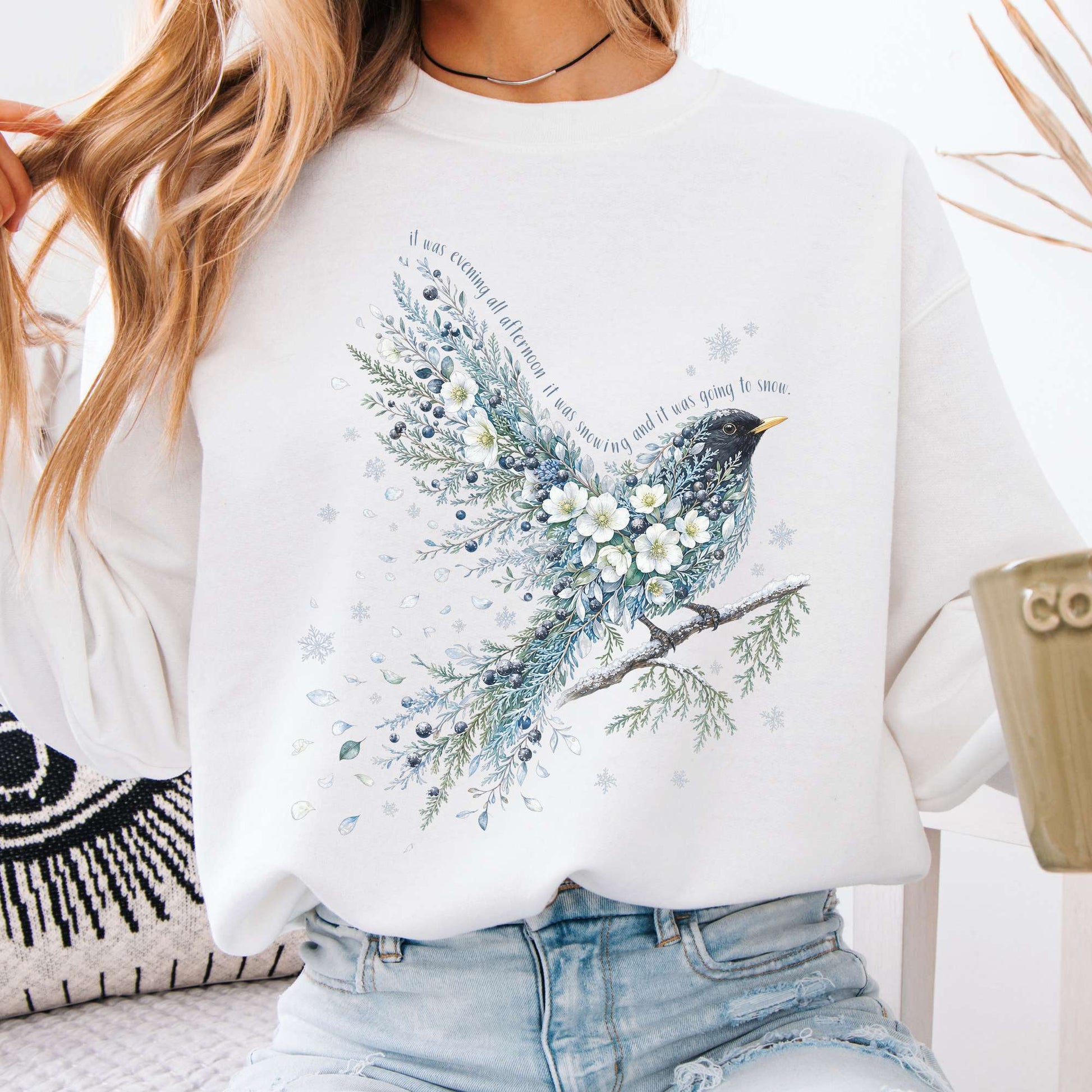 White - Stopping By Woods On a Snowy Evening Robert Frost Literary Crewneck Sweatshirt