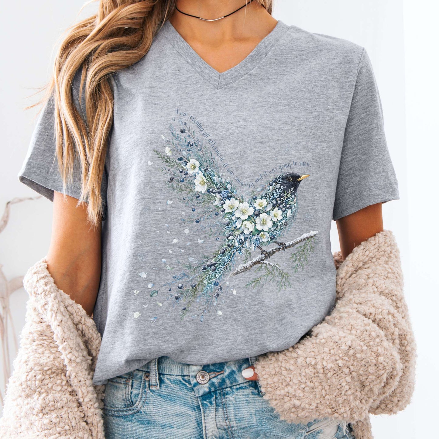Athletic Heather - Stopping By Woods On a Snowy Evening Robert Frost Literary V-Neck