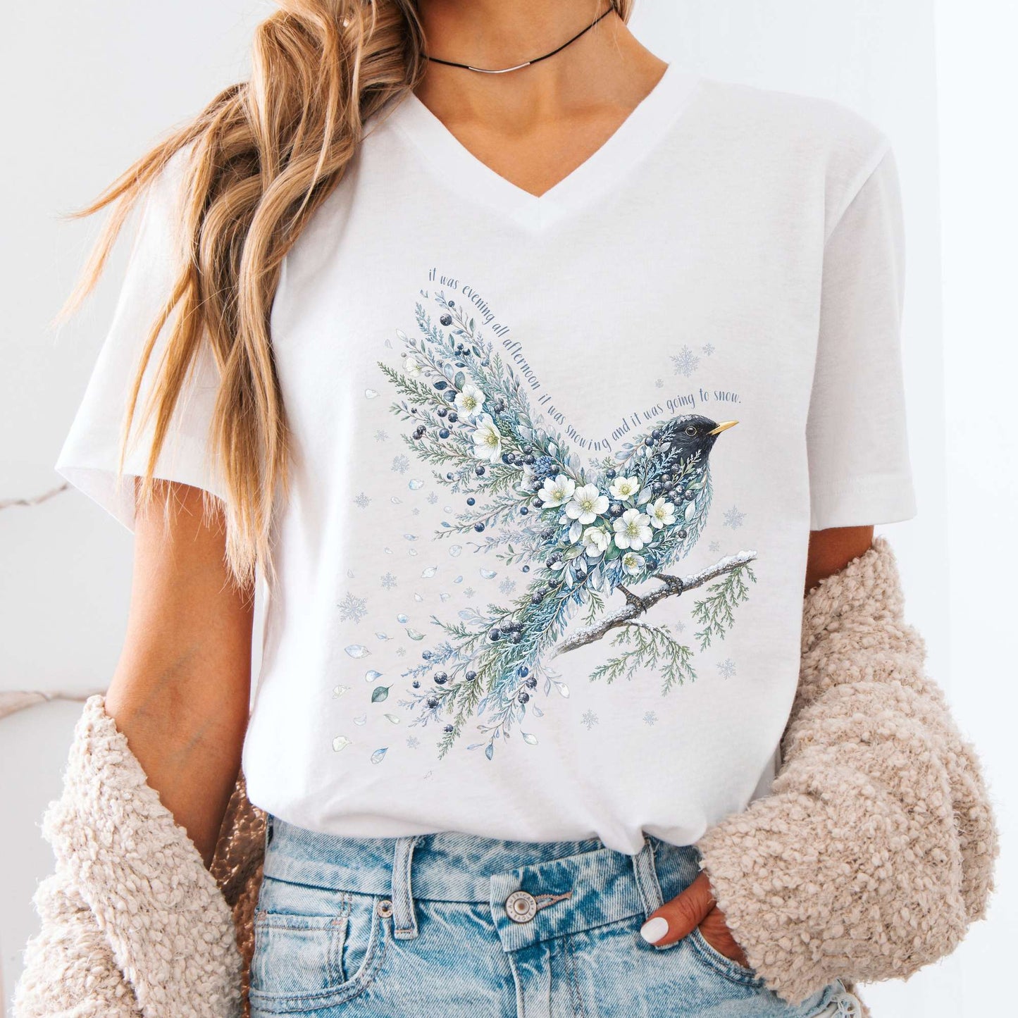 White - Stopping By Woods On a Snowy Evening Robert Frost Literary V-Neck