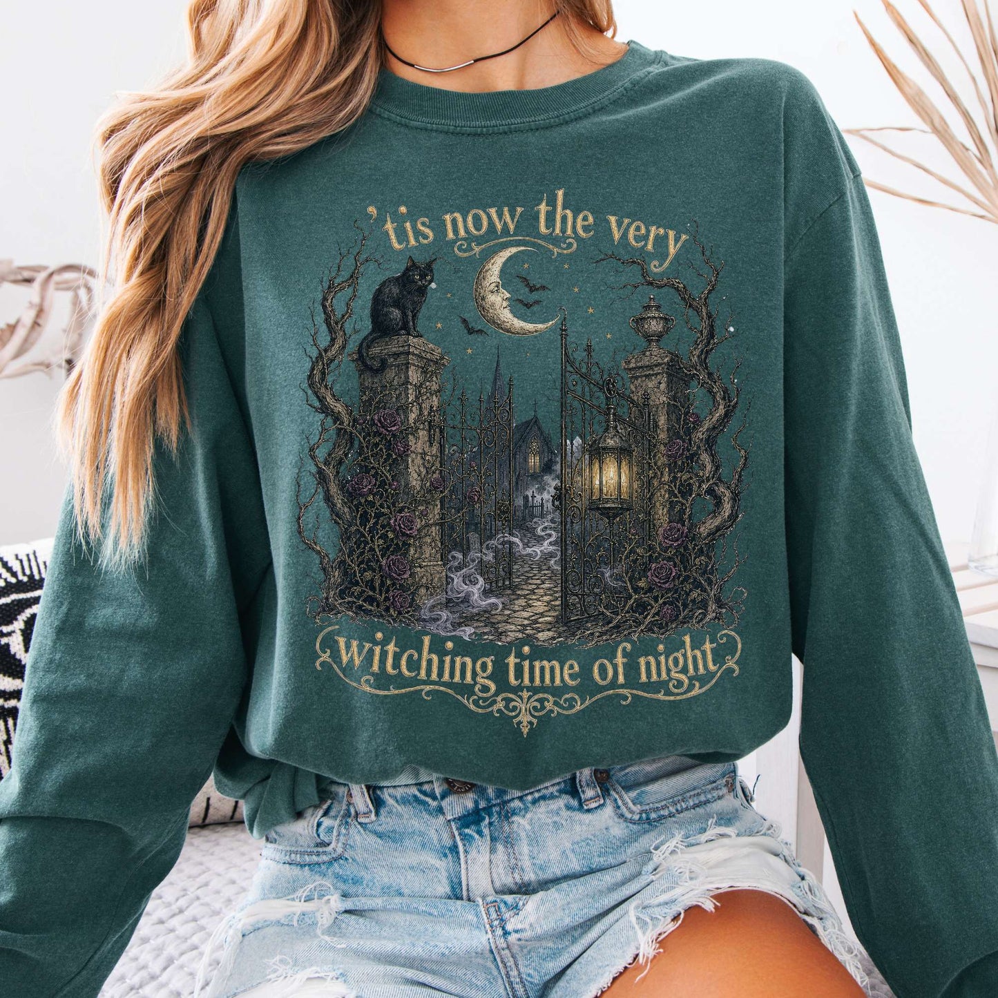 Long-sleeve Blue Spruce / S 'Tis Now the Very Witching Time of Night Shakespeare Literary Long Sleeve The Mystic Eden