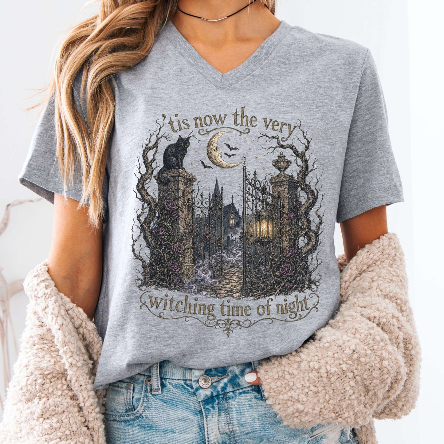 V-neck Athletic Heather / S 'Tis Now the Very Witching Time of Night Shakespeare Literary V-Neck The Mystic Eden
