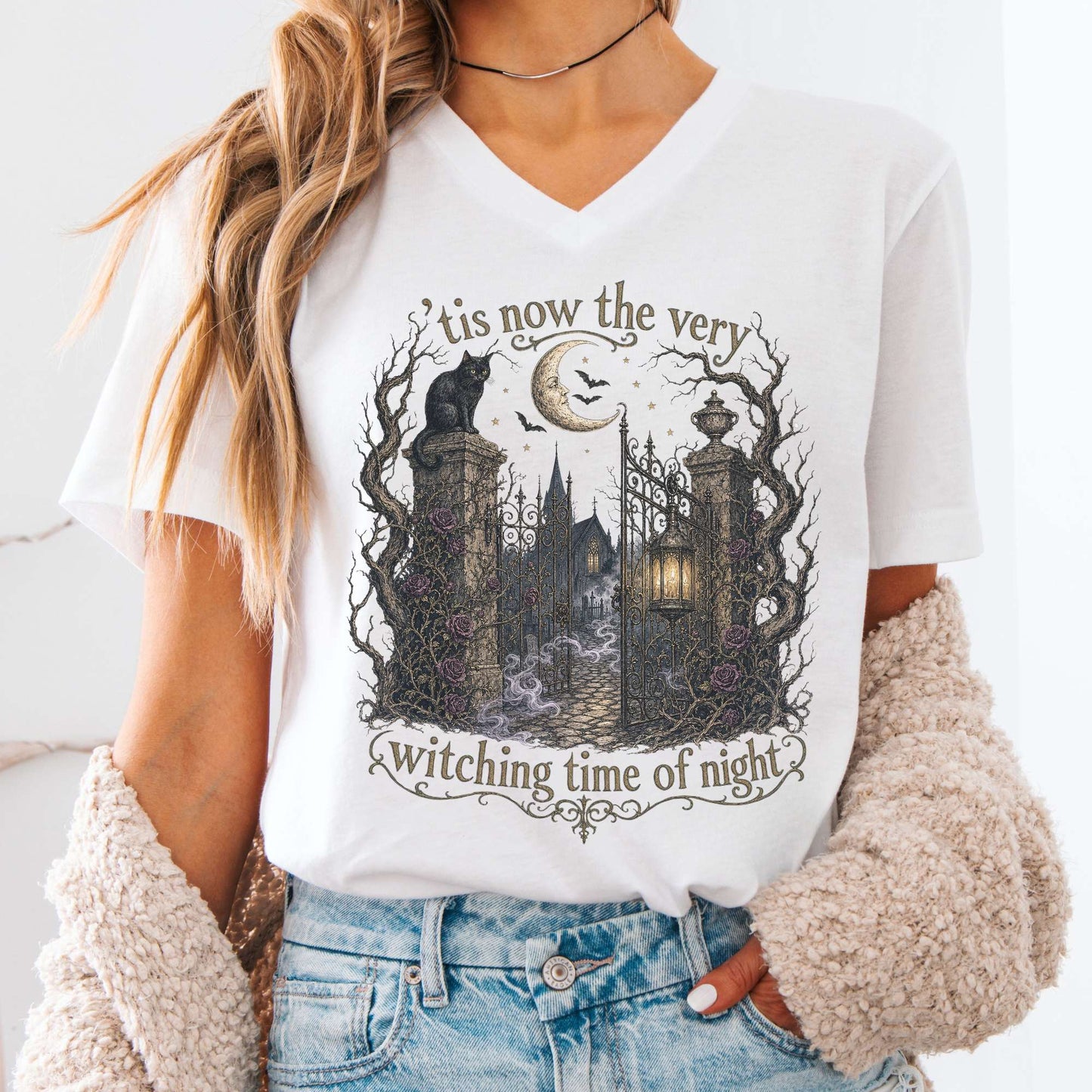 V-neck White / S 'Tis Now the Very Witching Time of Night Shakespeare Literary V-Neck The Mystic Eden