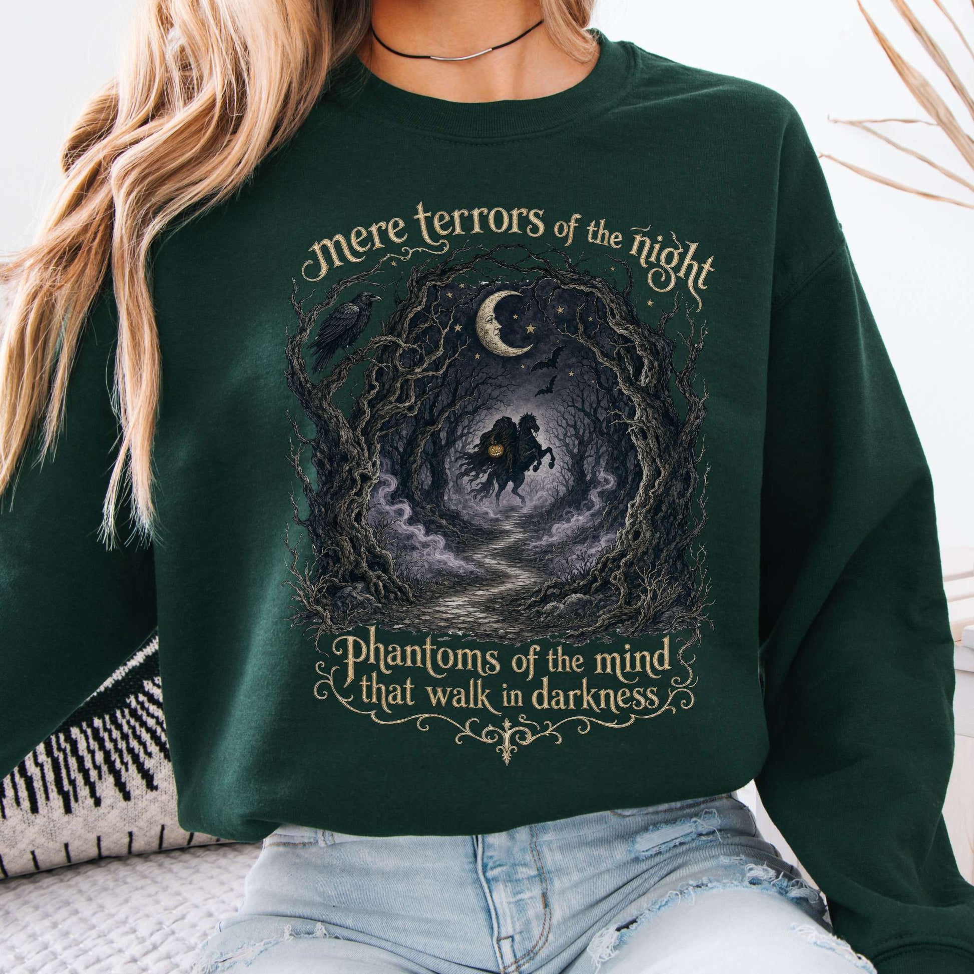 Sweatshirt Forest Green / S Mere Terrors of the Night Sleepy Hollow Literary Crewneck Sweatshirt The Mystic Eden